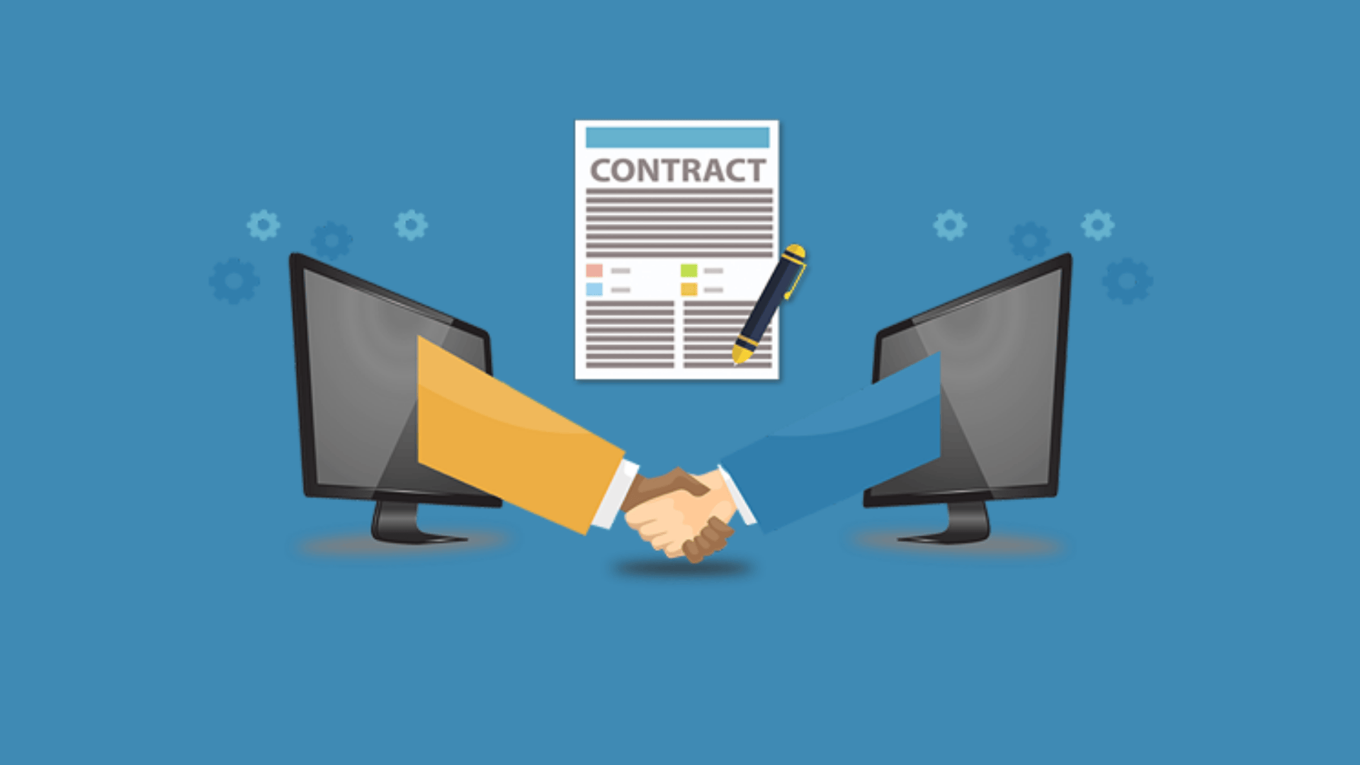 contract automation digital signing handshake between two computers illustration