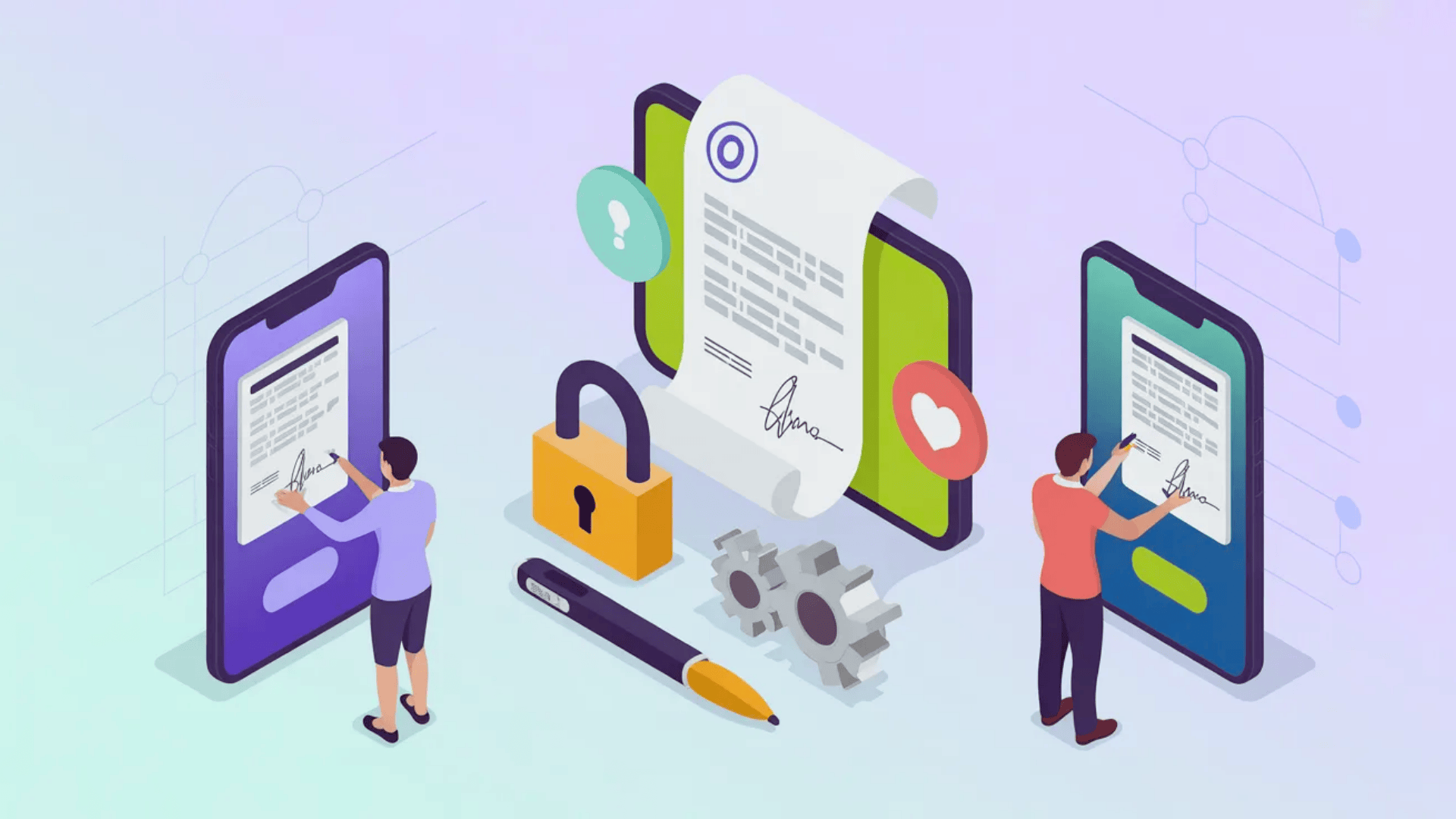 contract automation digital signing on smartphones with lock gears and document illustration