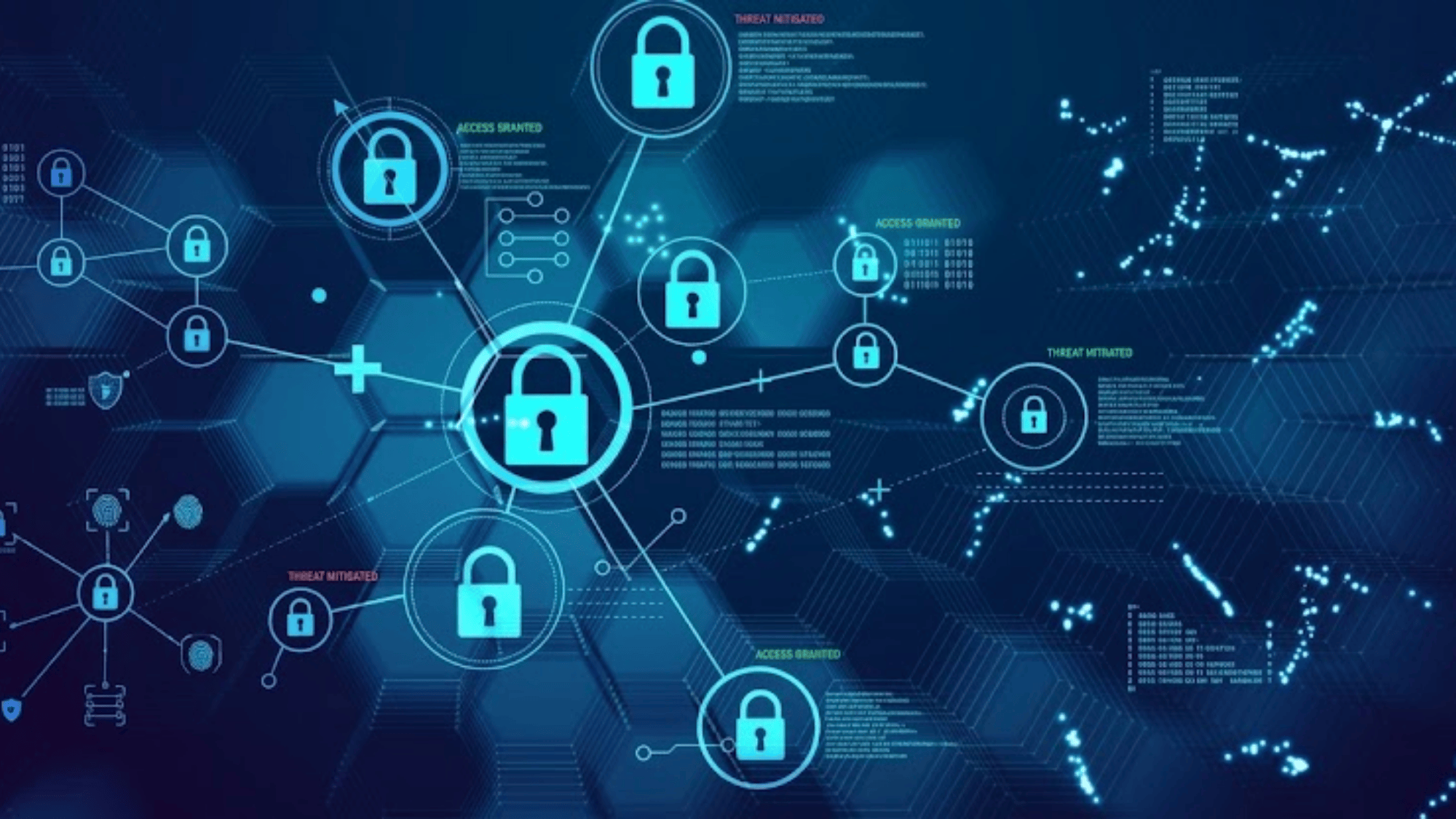 cyber risk quantification digital network security interface with connected lock icons and data flow across blue background