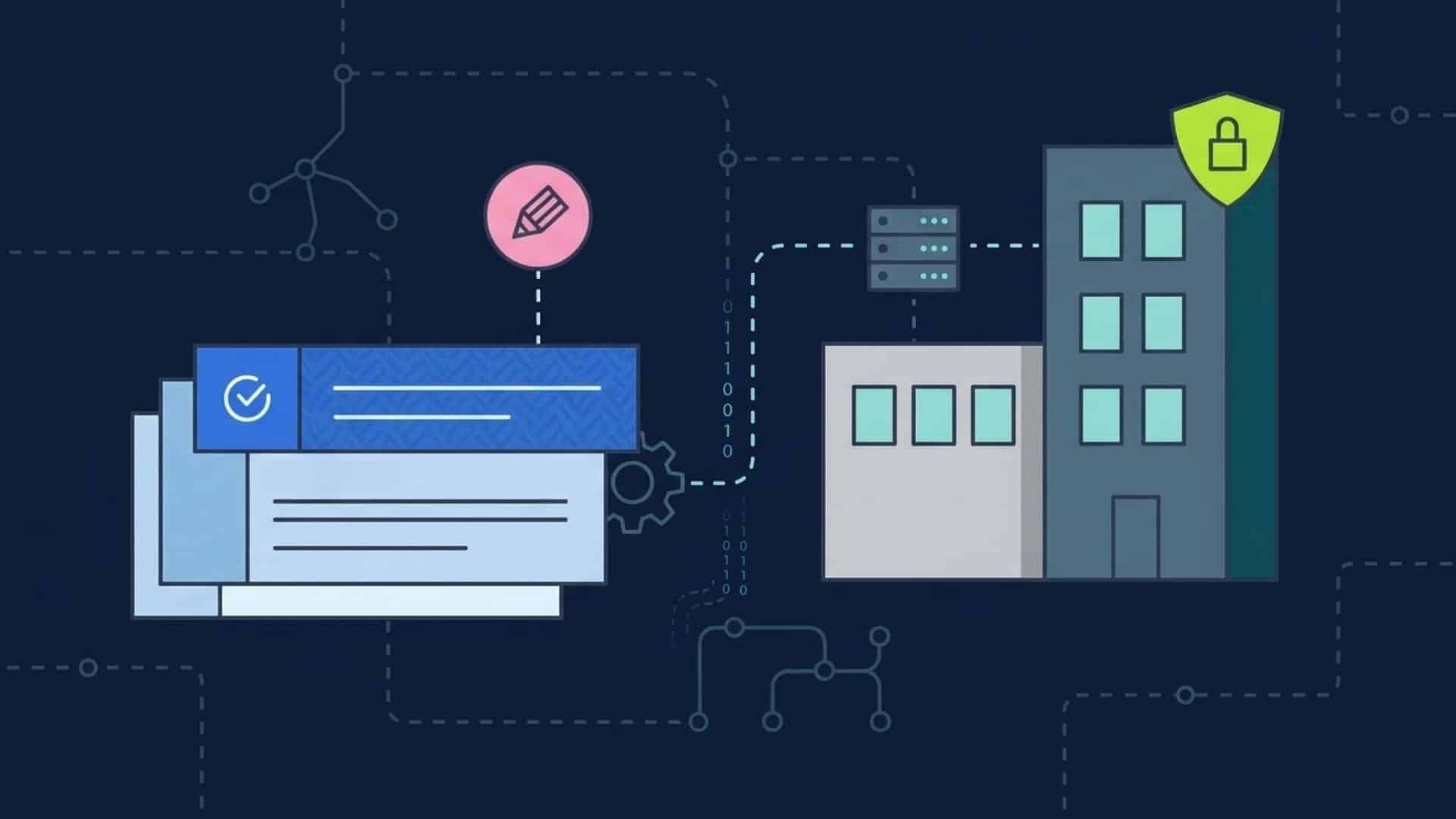 cybersecurity checklist illustration showing secure systems data protection and connected network with business infrastructure icons