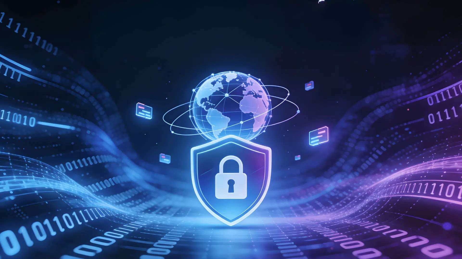 cybersecurity concept showing globe with shield lock and digital data waves representing protection of digital futures