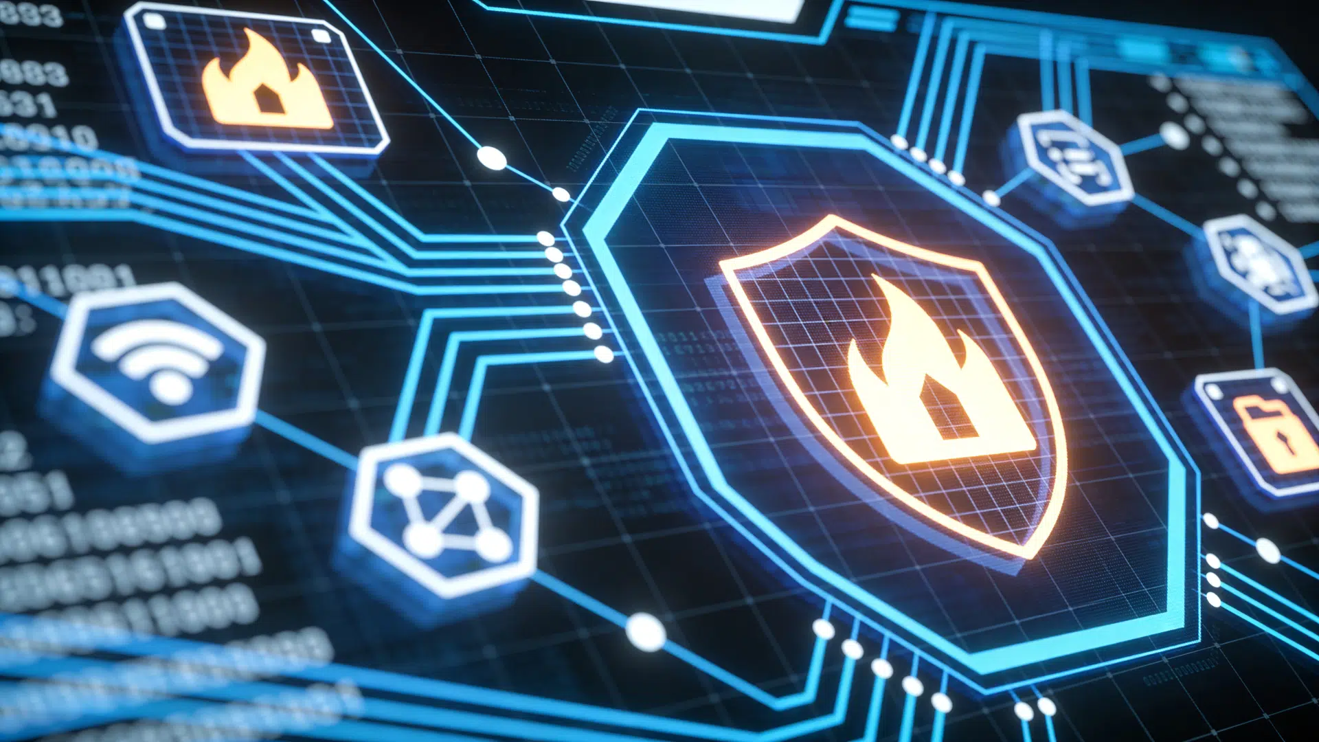 cybersecurity shield with firewall protection and network icons
