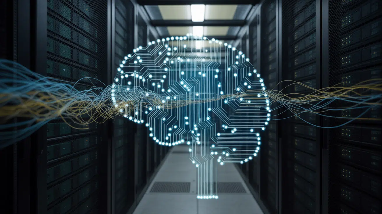 data center efficiency concept showing a glowing ai brain with circuit patterns floating between rows of server racks