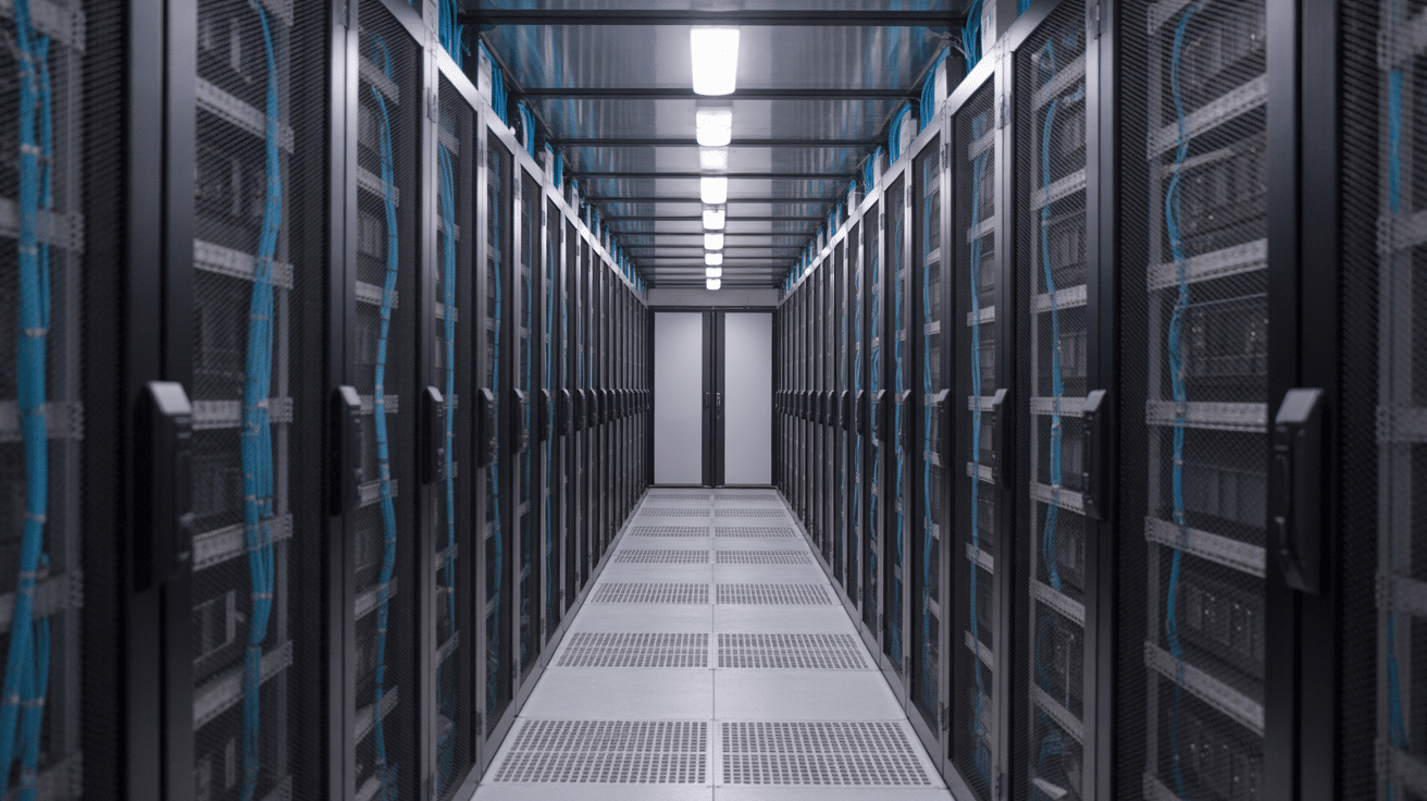 data center efficiency shown in a long corridor of black server racks with blue cables and bright overhead lighting