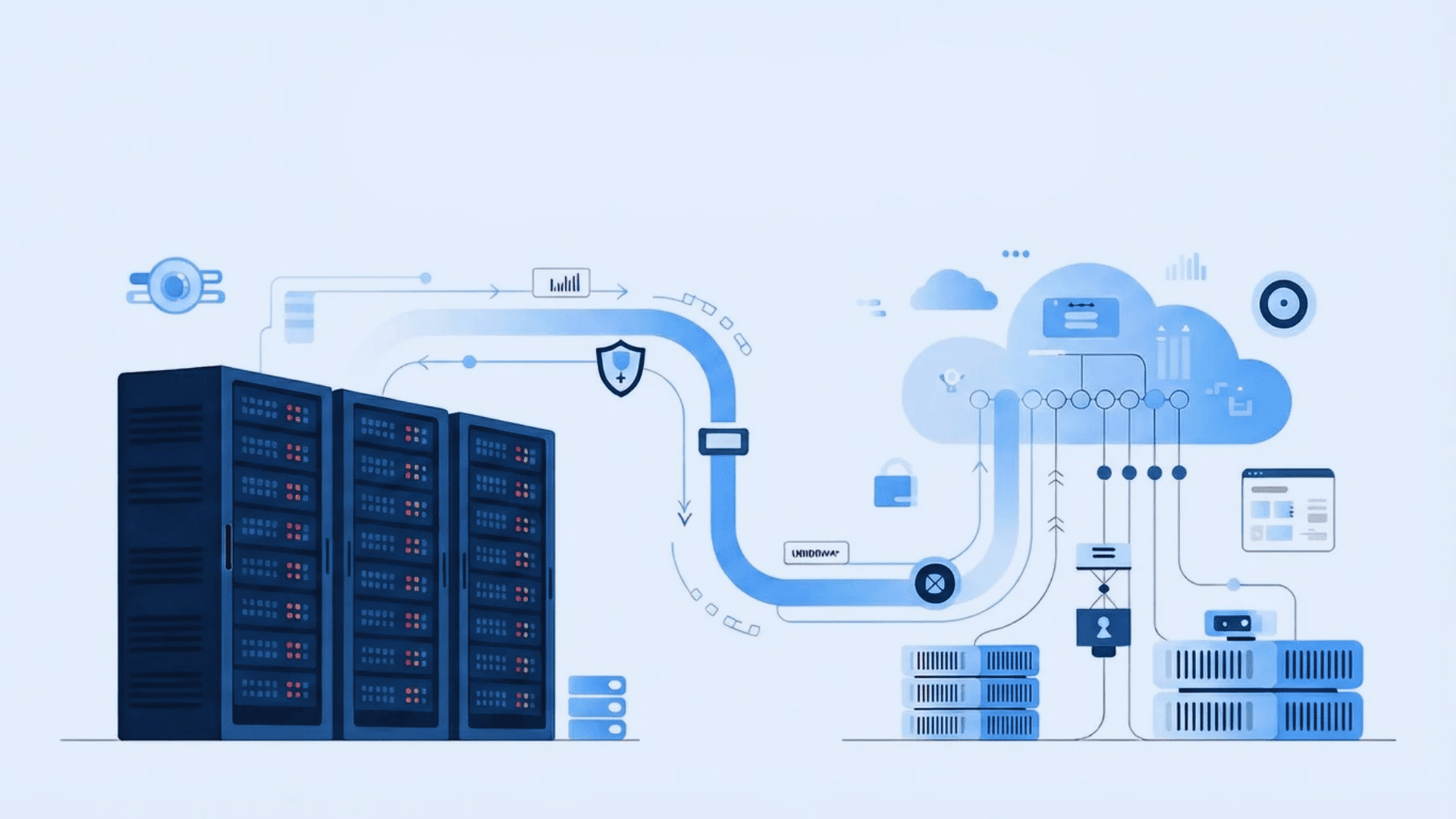data center servers migrating to cloud with secure data transfer illustration