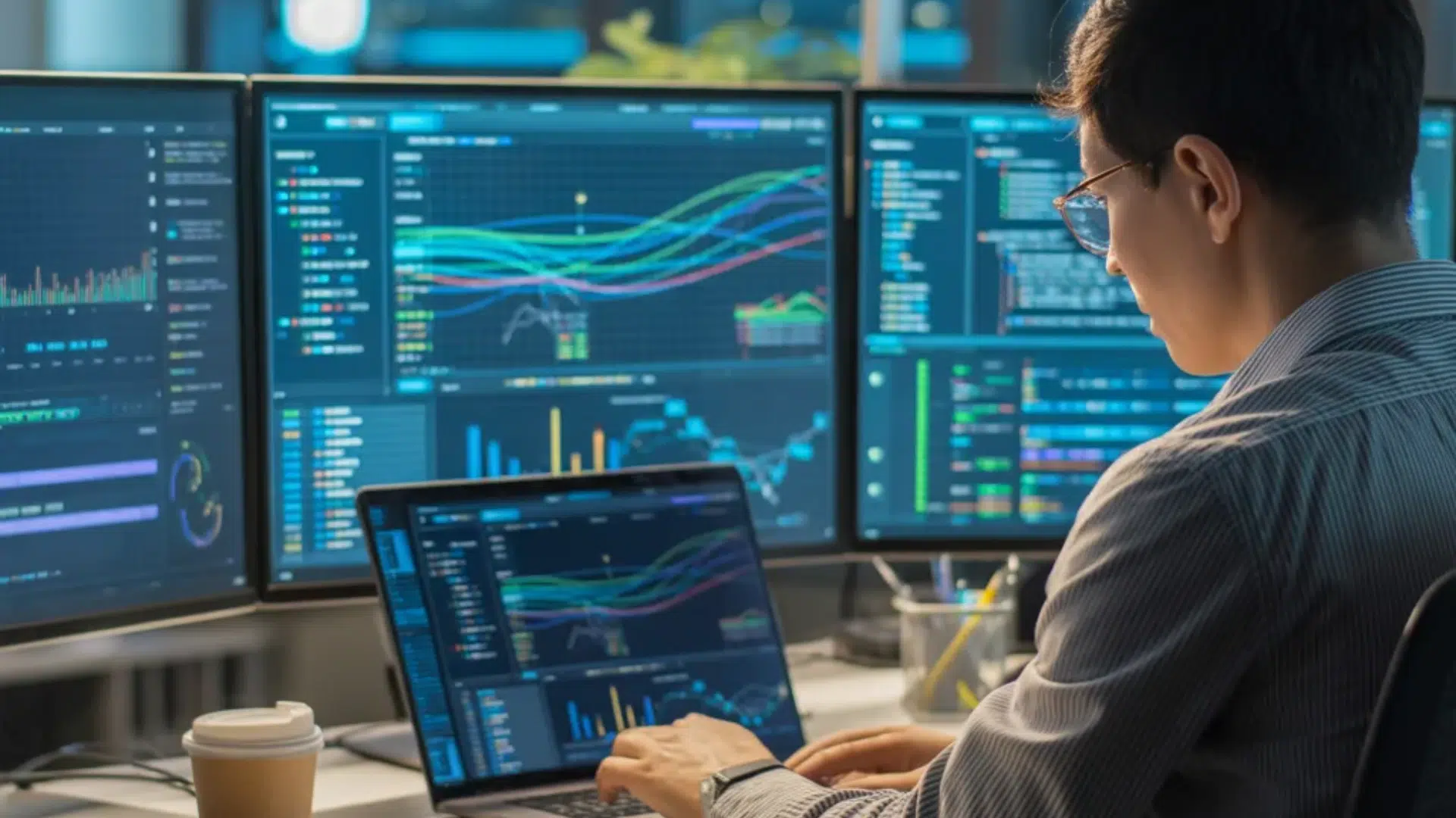 data engineer working on laptop with multiple monitors displaying code and data visualisations