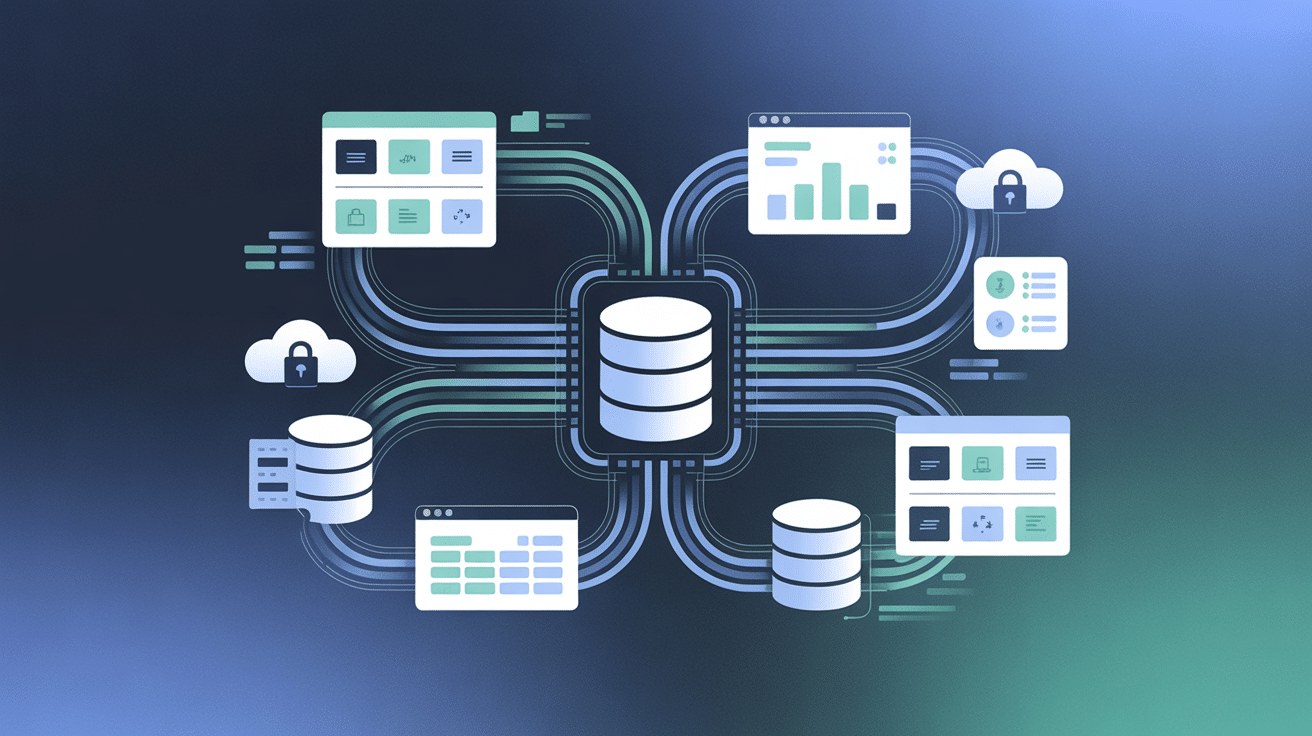 data management tools diagram showing a central database connected to dashboards analytics charts and secure cloud storage