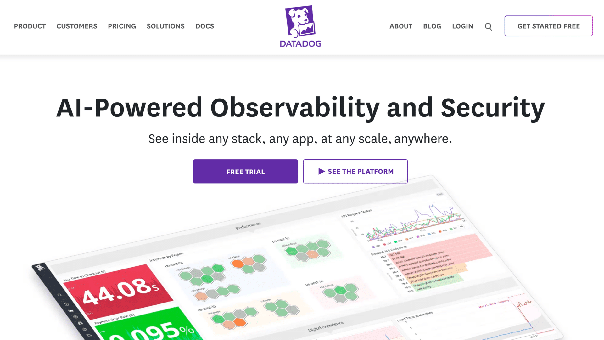 datadog ai powered observability and security page with free trial and see the platform buttons