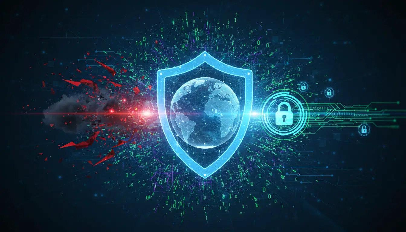 digital shield protecting globe with binary data streams and cyber attack fragments illustrating network security defense system concept