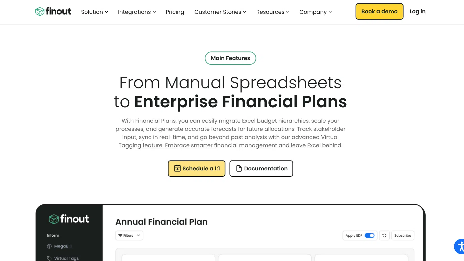finout page about enterprise financial plans with schedule a 1 1 and documentation buttons