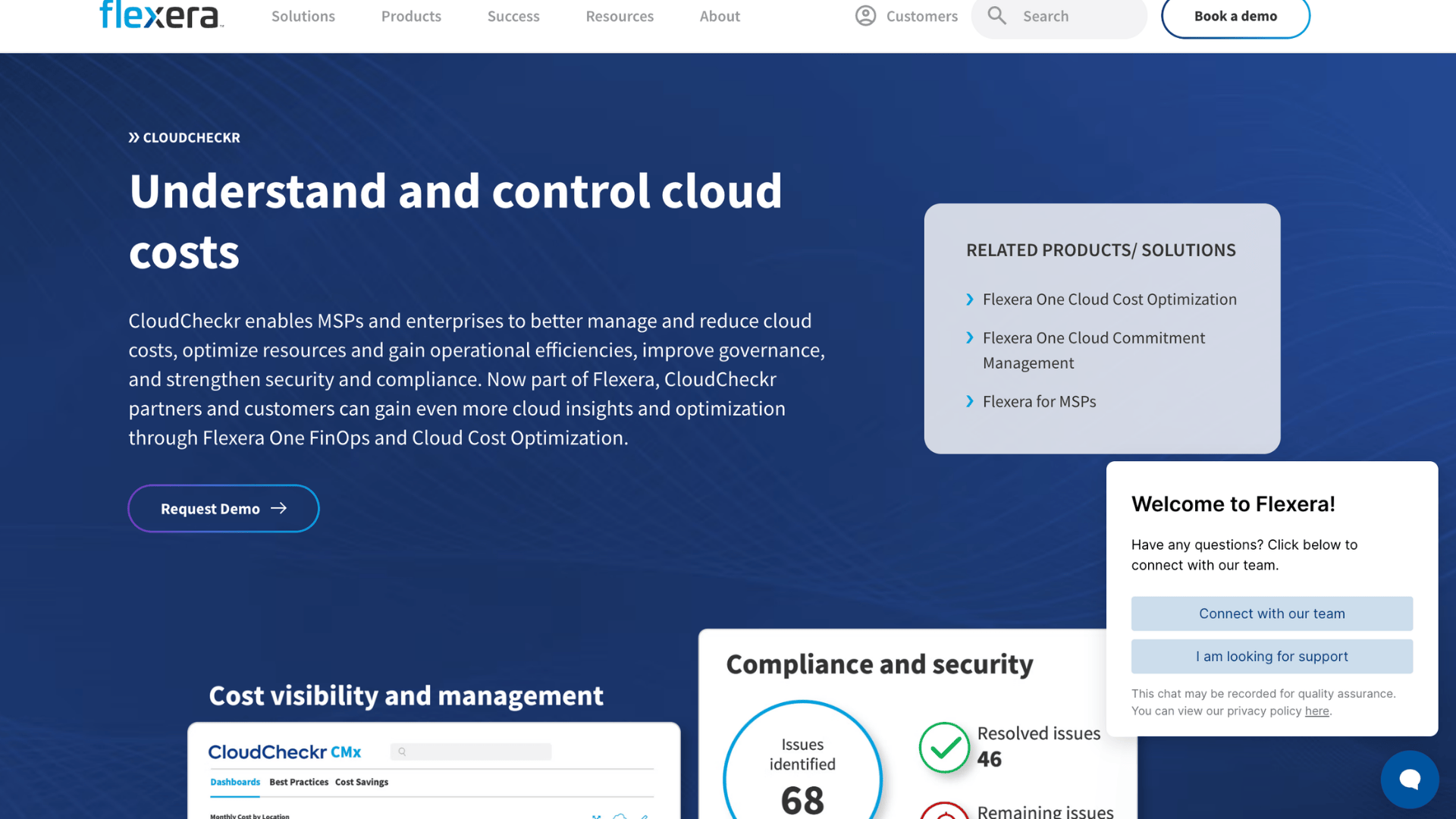 flexera cloudcheckr page about understanding and controlling cloud costs with request demo button
