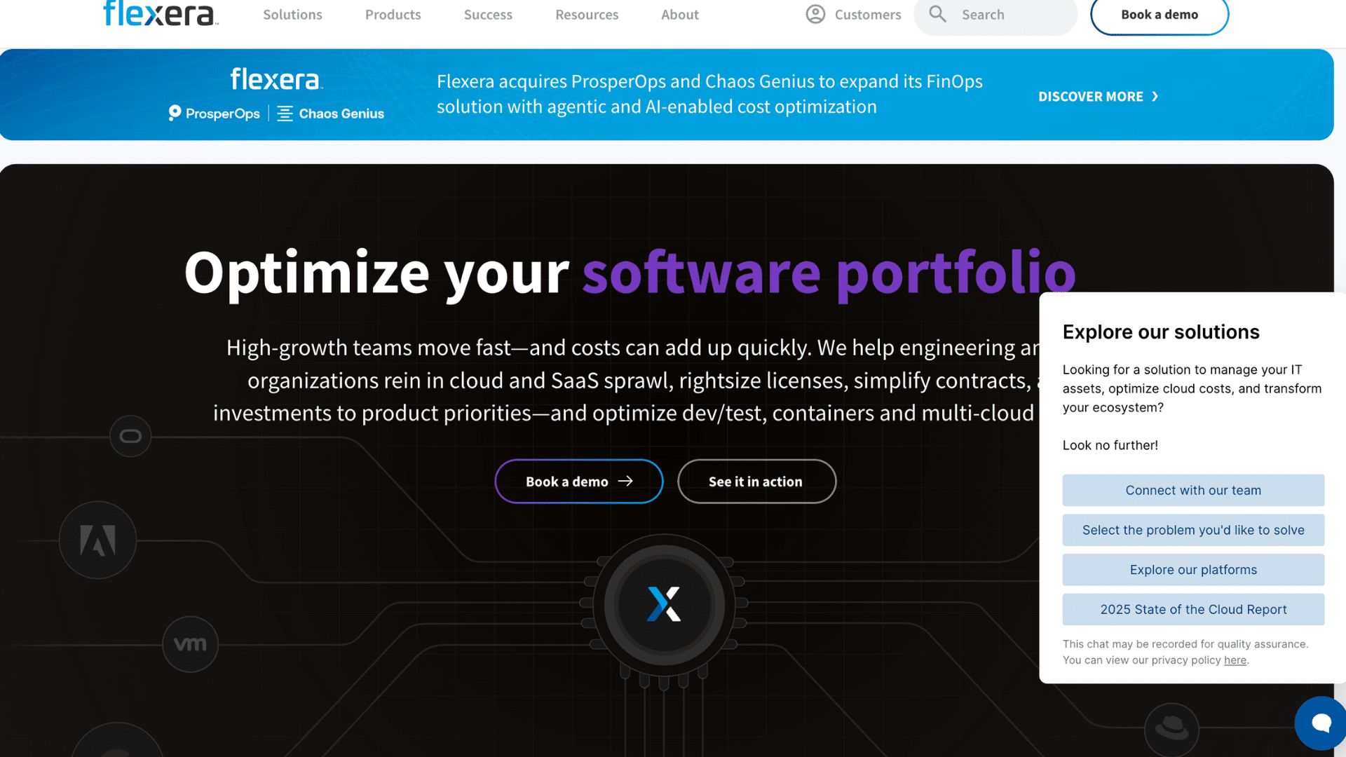 flexera homepage about optimizing software portfolio with book a demo and see it in action buttons