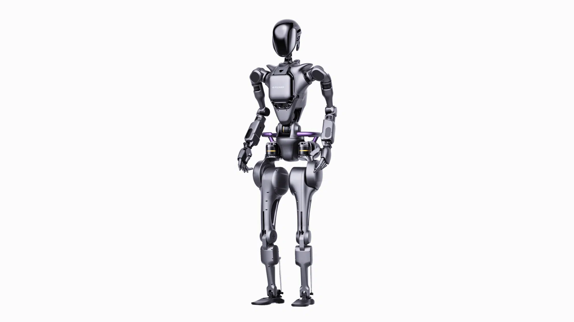 fourier Intelligence gr1 robot with purple accents standing against a white backgroundpng