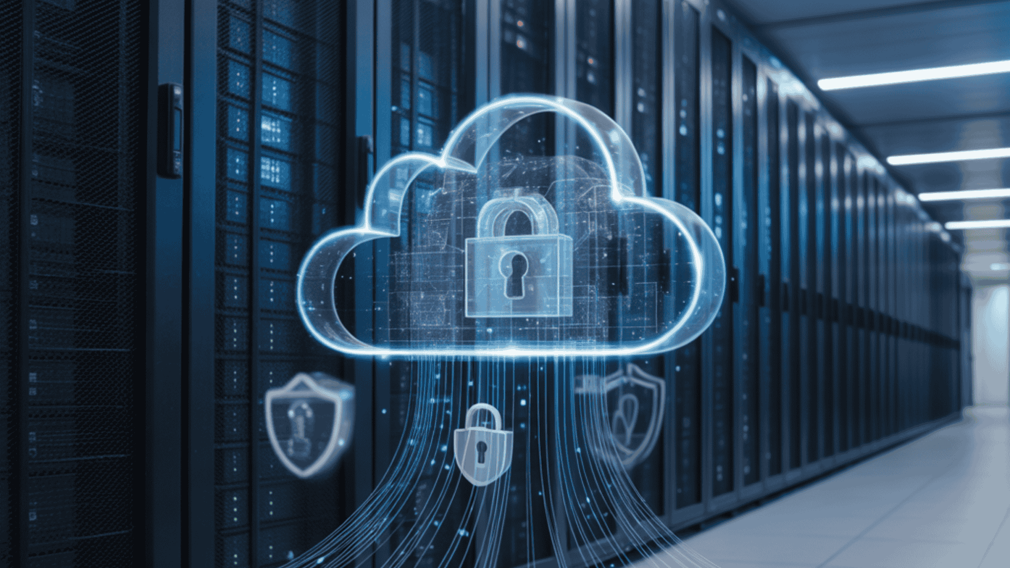 futuristic data center with rows of servers and a glowing cloud icon with a padlock symbolizing secure cloud computing