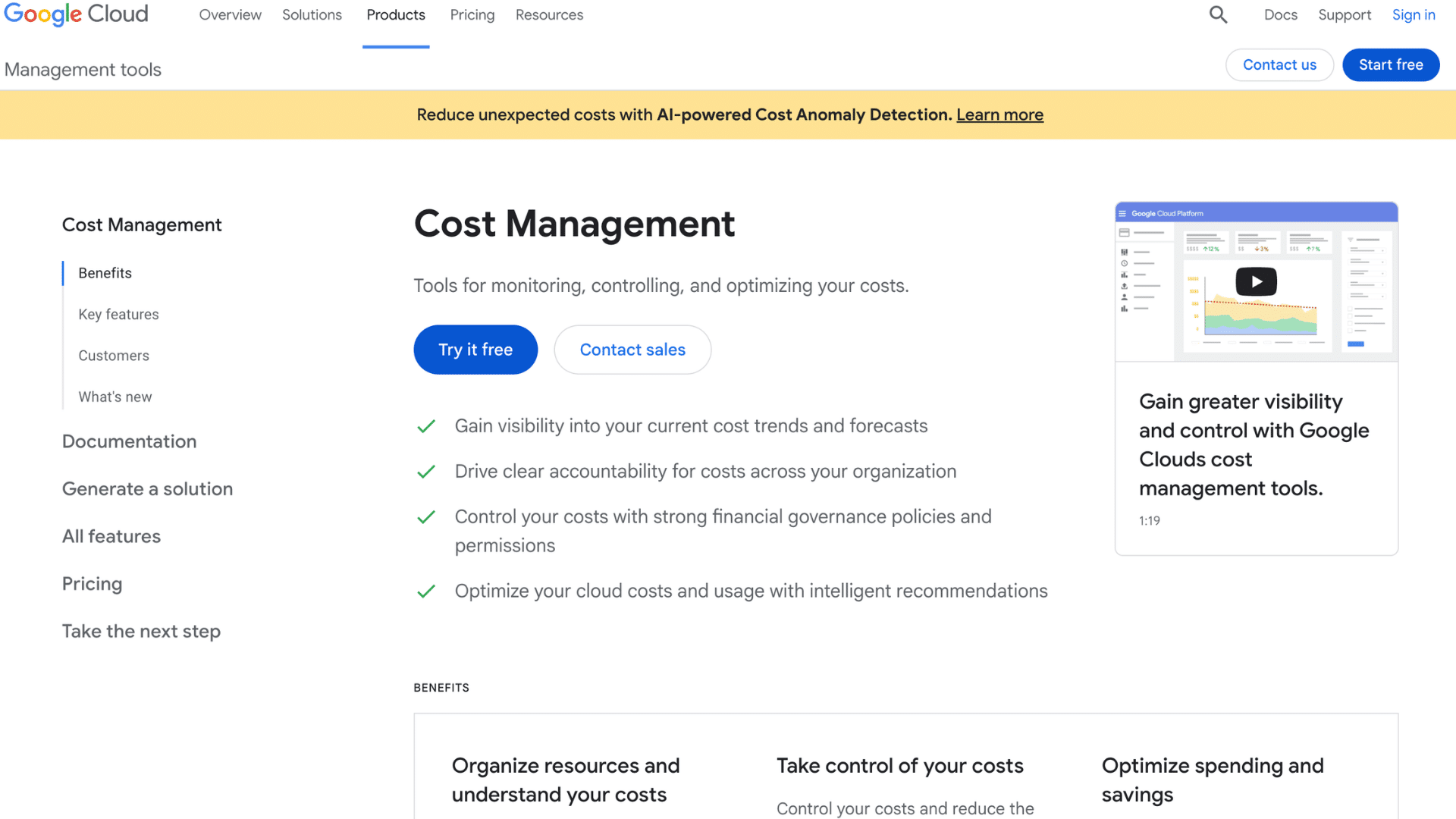 google cloud cost management page with pricing navigation and try it free button
