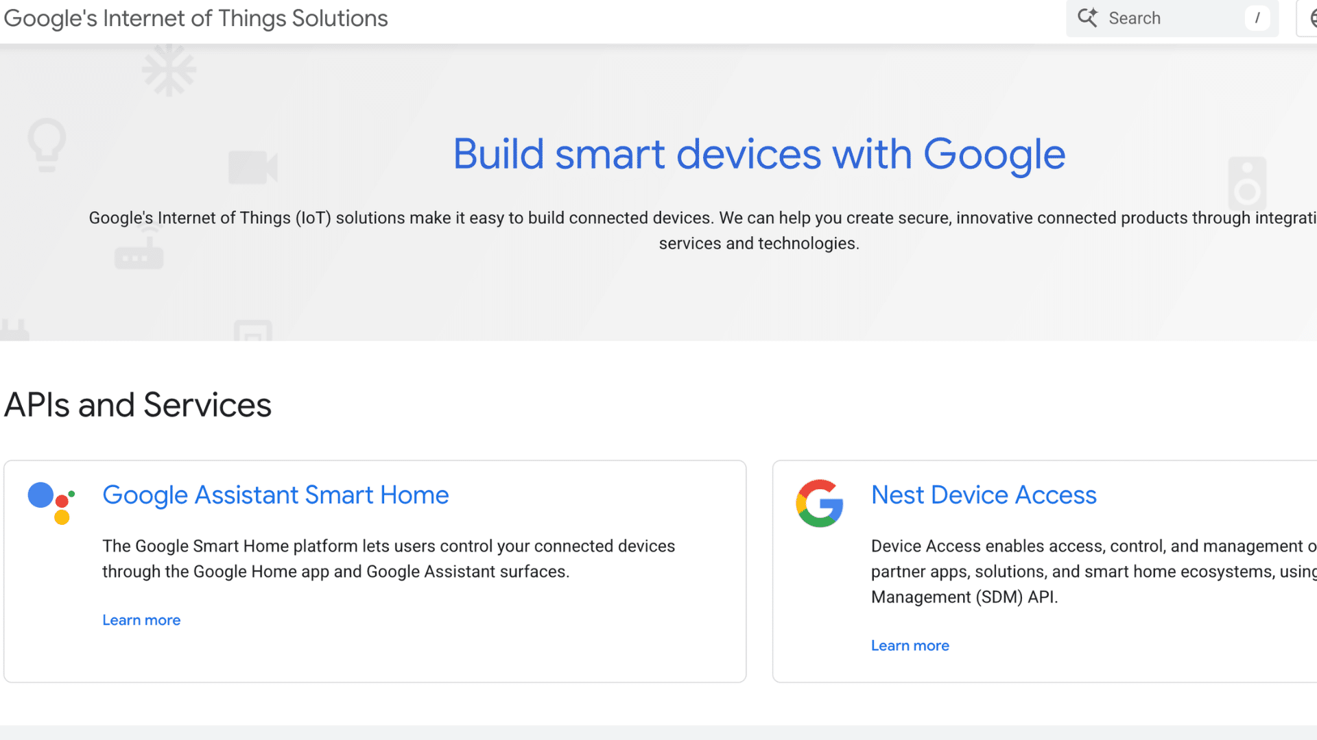 google internet of things solutions homepage with apis