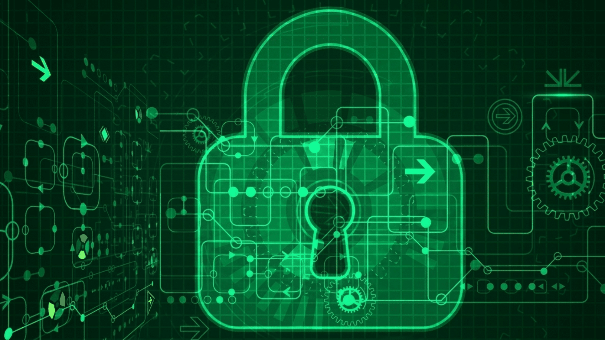 green cybersecurity lock with digital network elements illustrating data protection and rmf steps in risk management systems