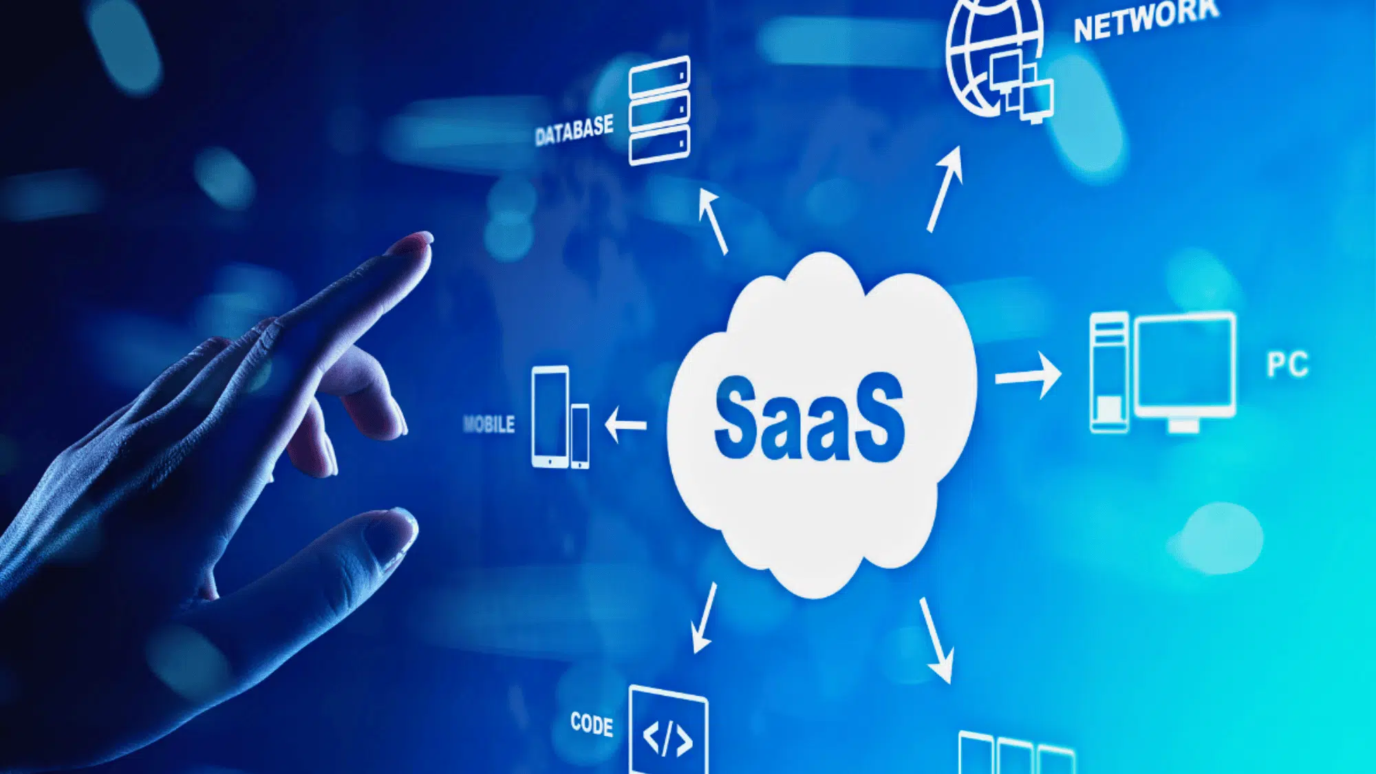 hand interacting with saas cloud interface showing database network mobile and pc connections saas digital marketing strategy