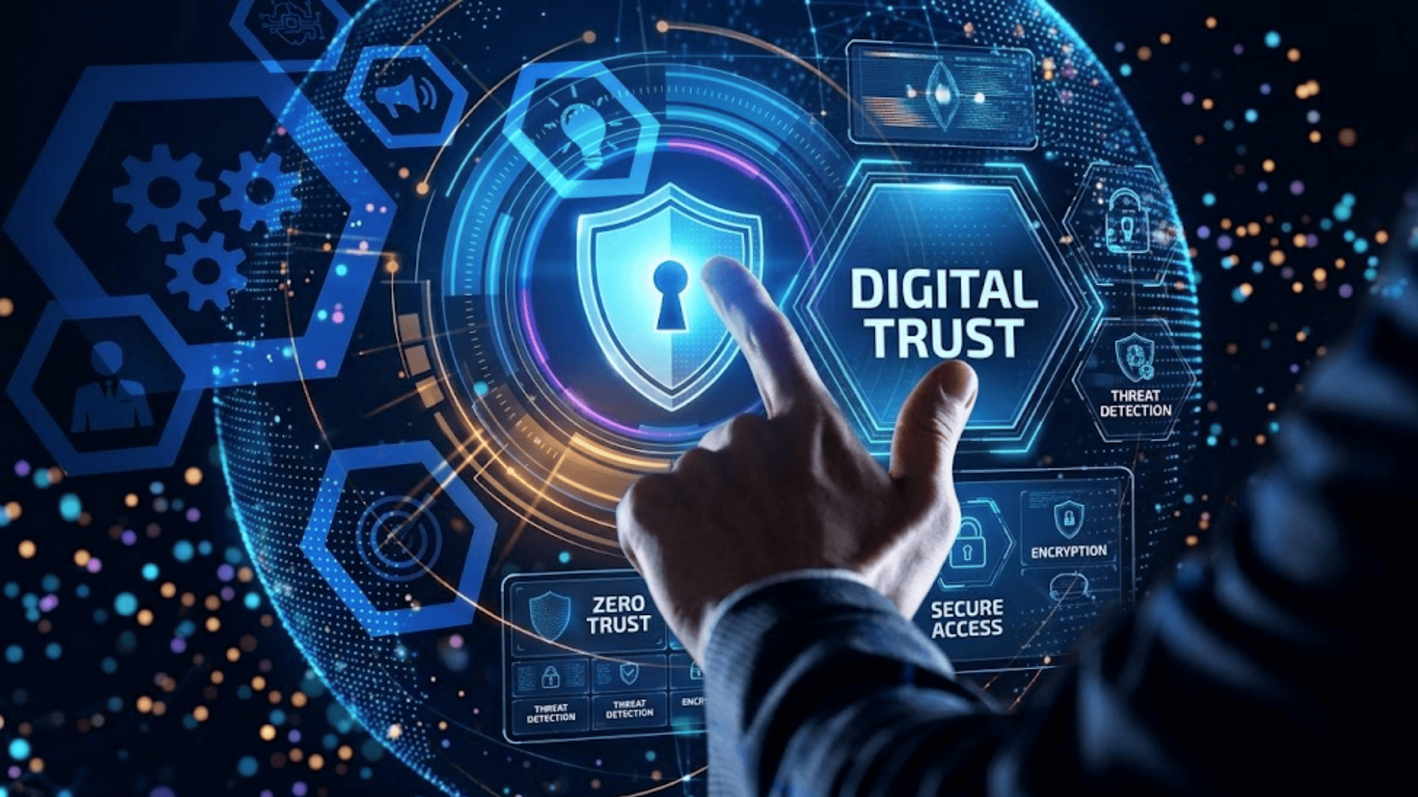 hand pointing at digital trust interface with lock icon and cybersecurity data visuals