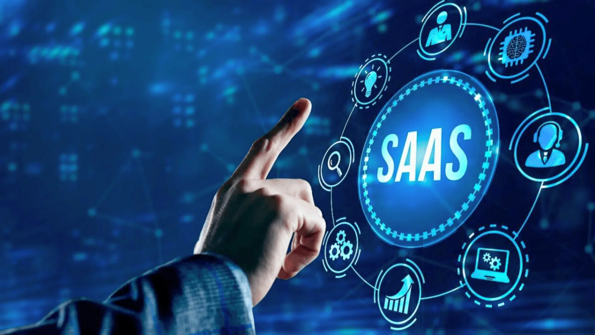 hand pointing to virtual saas interface with digital icons representing analytics support and cloud services saas digital marketing strategy