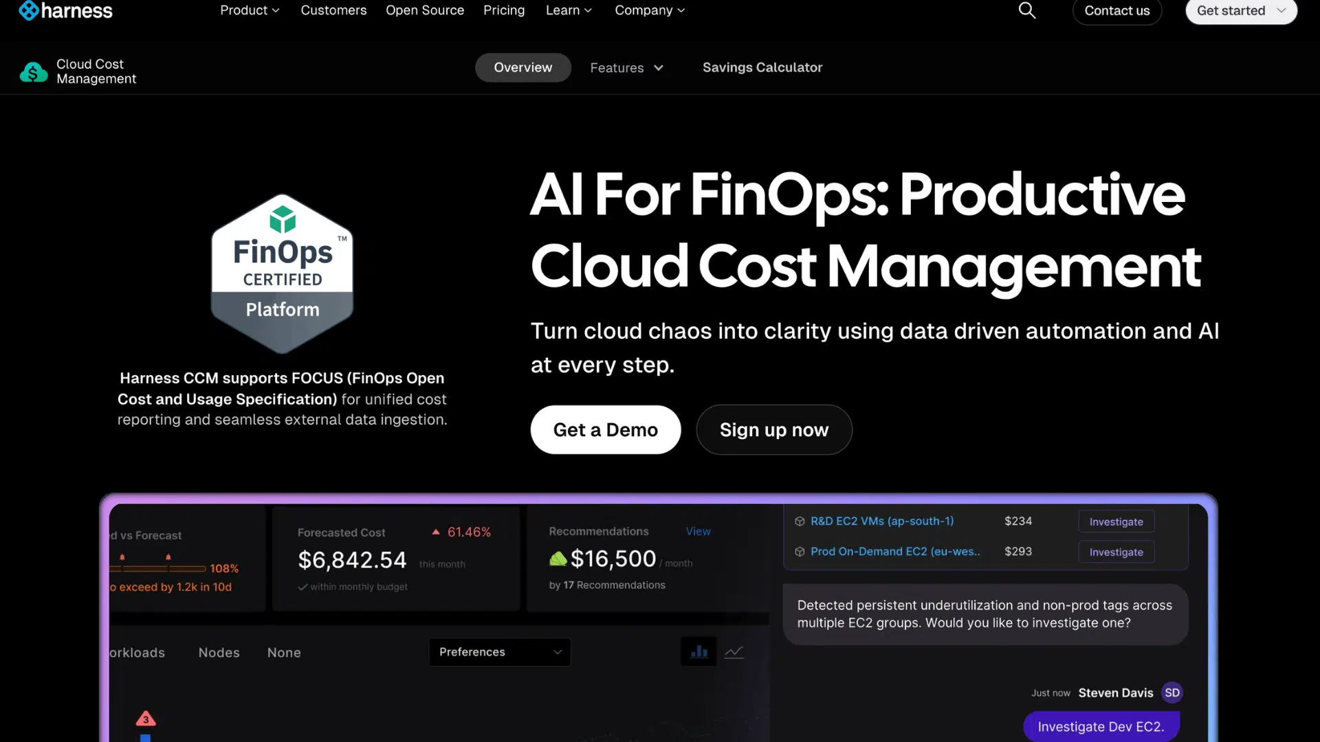 harness ai for finops cloud cost management page with get a demo and sign up now buttons