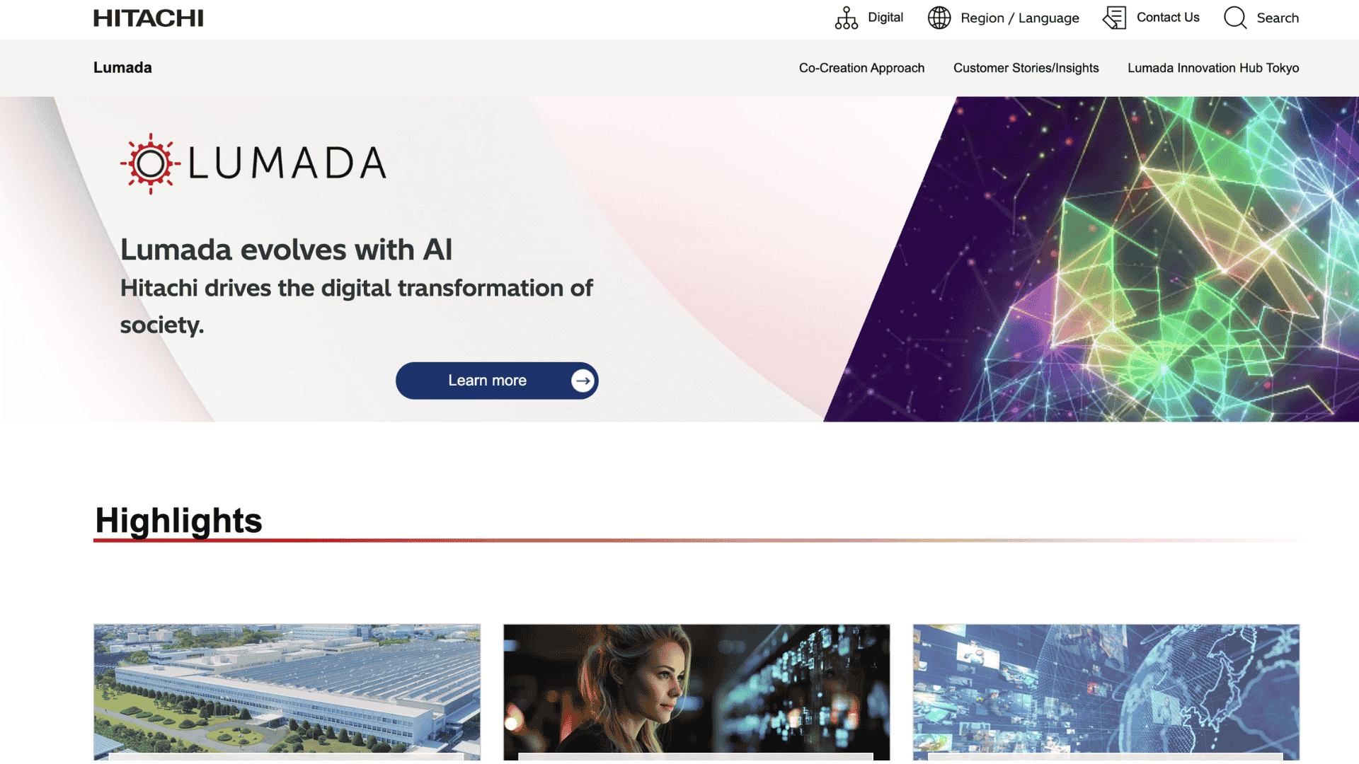 hitachi lumada homepage with lumada evolves with ai banner