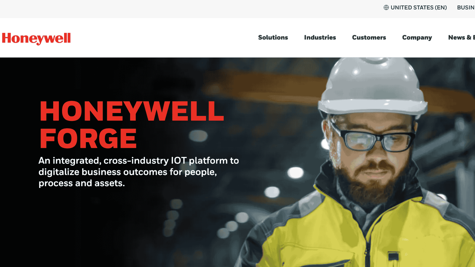 honeywell forge homepage with industrial worker and iot platform