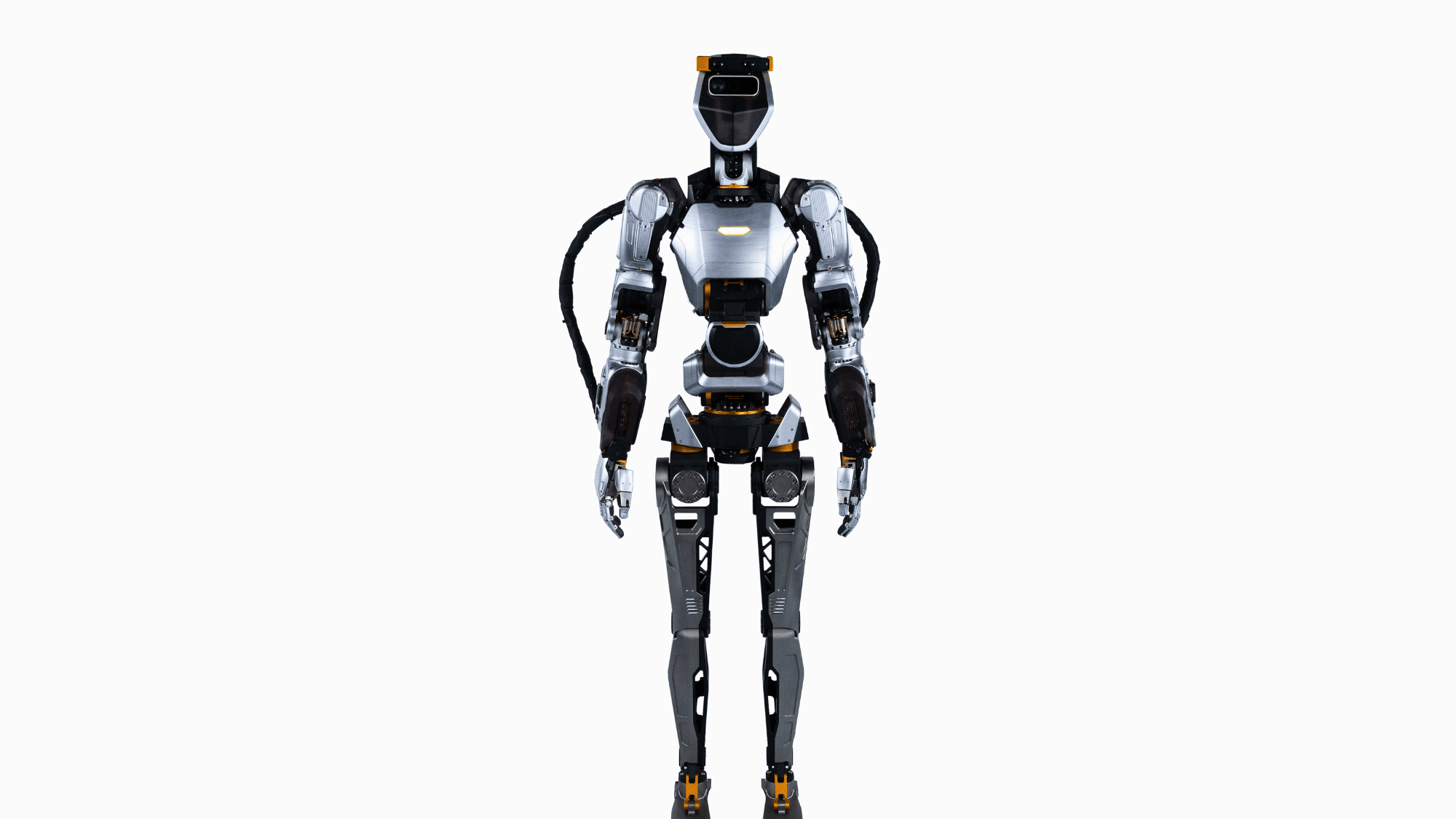 humanoid robot with an industrial design featuring yellow and silver accents