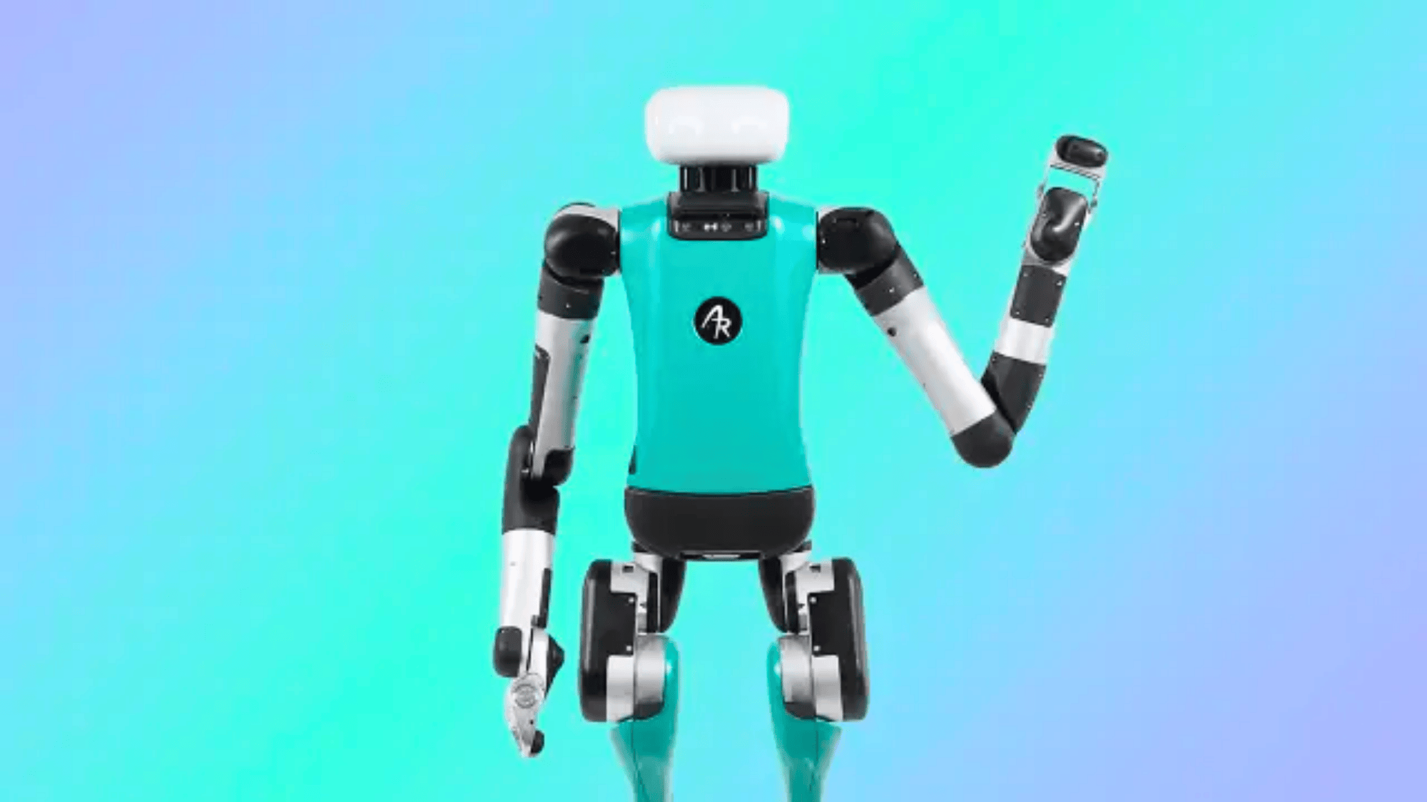 humanoid robot with teal body waving its arm