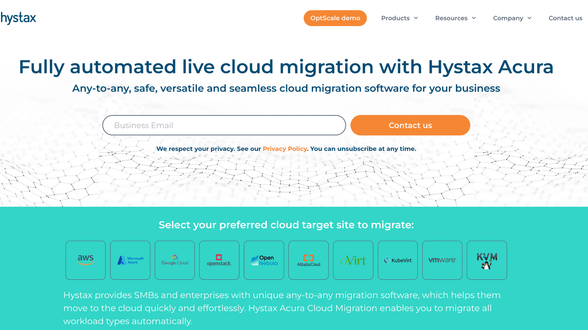 hystax acura page about fully automated live cloud migration with contact us button