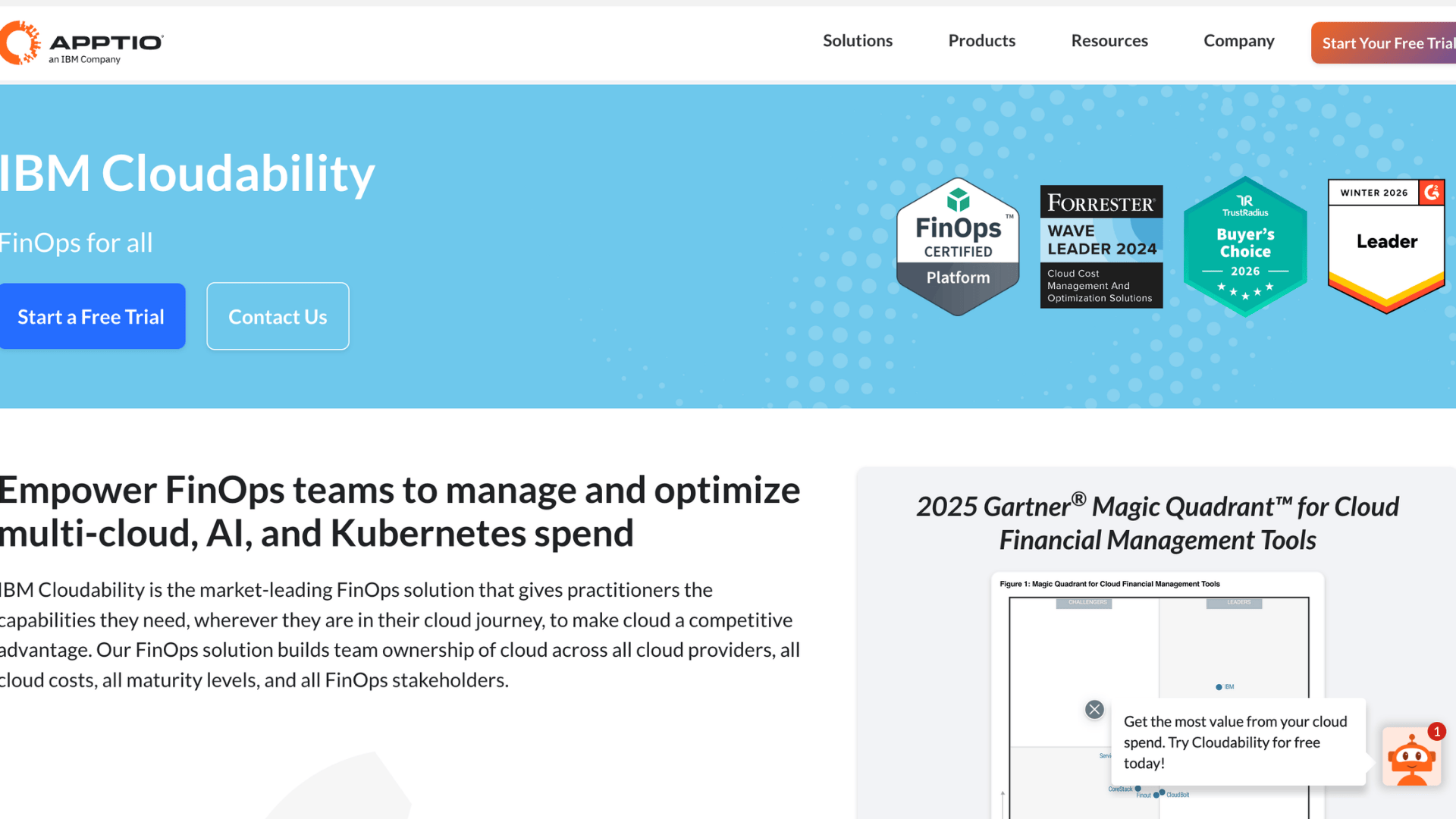 ibm cloudability finops page with start a free trial and contact us buttons