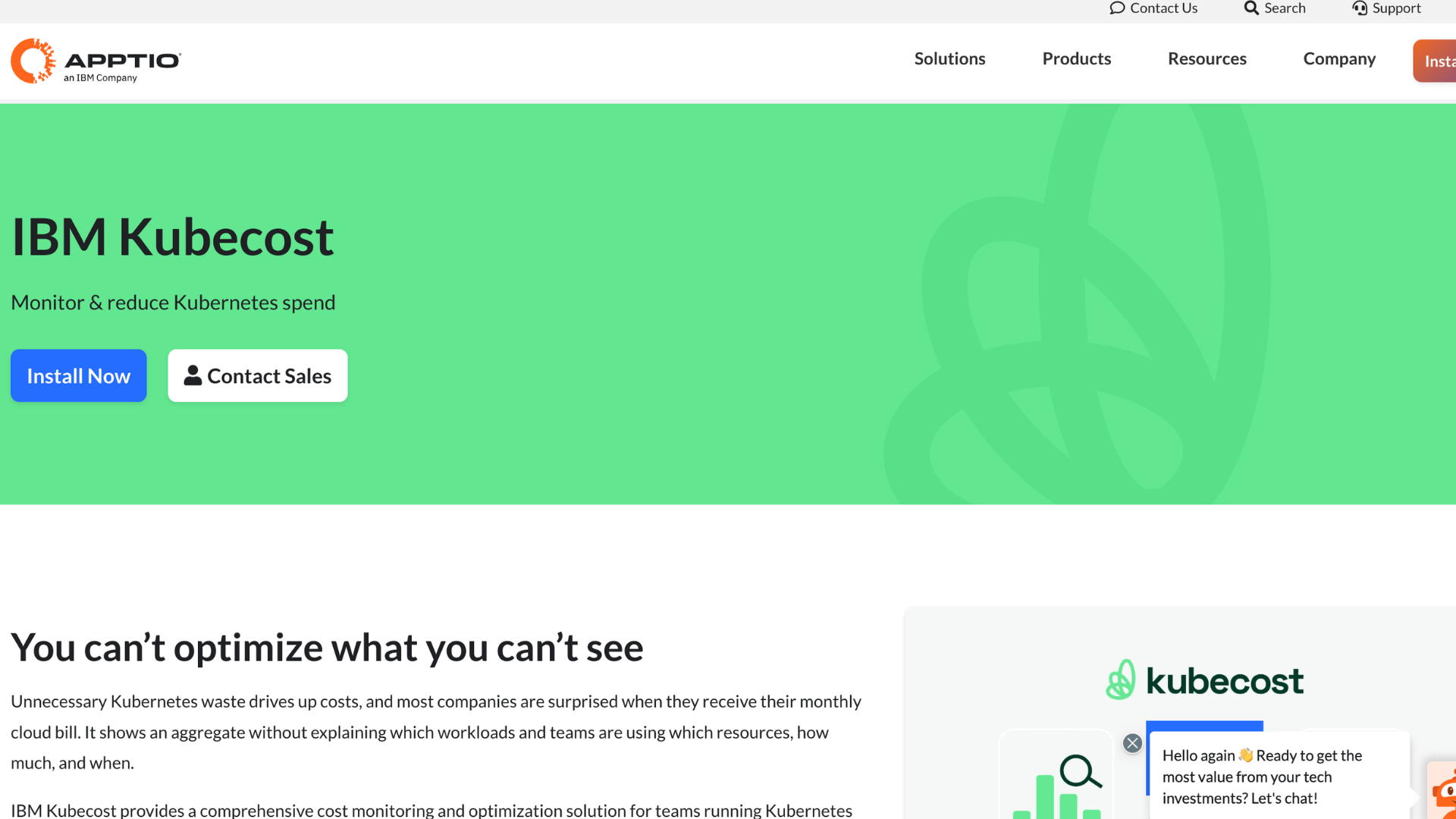ibm kubecost page about monitoring and reducing kubernetes spend with install now and contact sales buttons