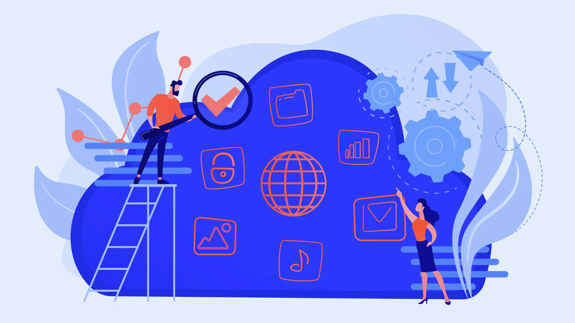 illustration of cloud apps and connected tools showing saas examples with people managing digital services