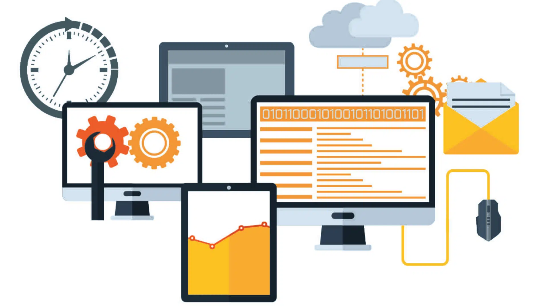 illustration of computers tablet and cloud with code gears and data showing software development and automation setup