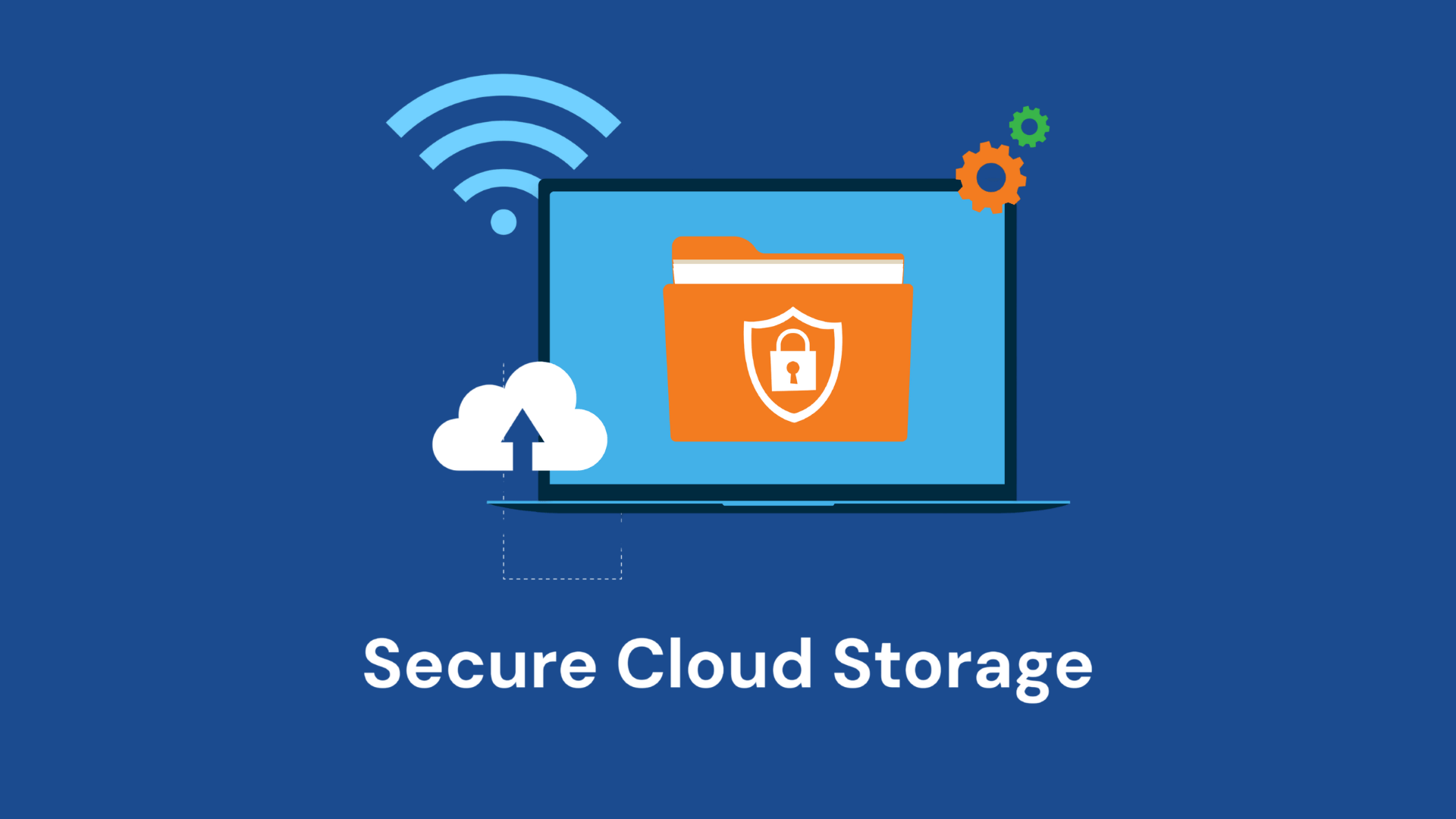 illustration of secure cloud storage with laptop folder lock icon upload cloud and wifi signal on blue background