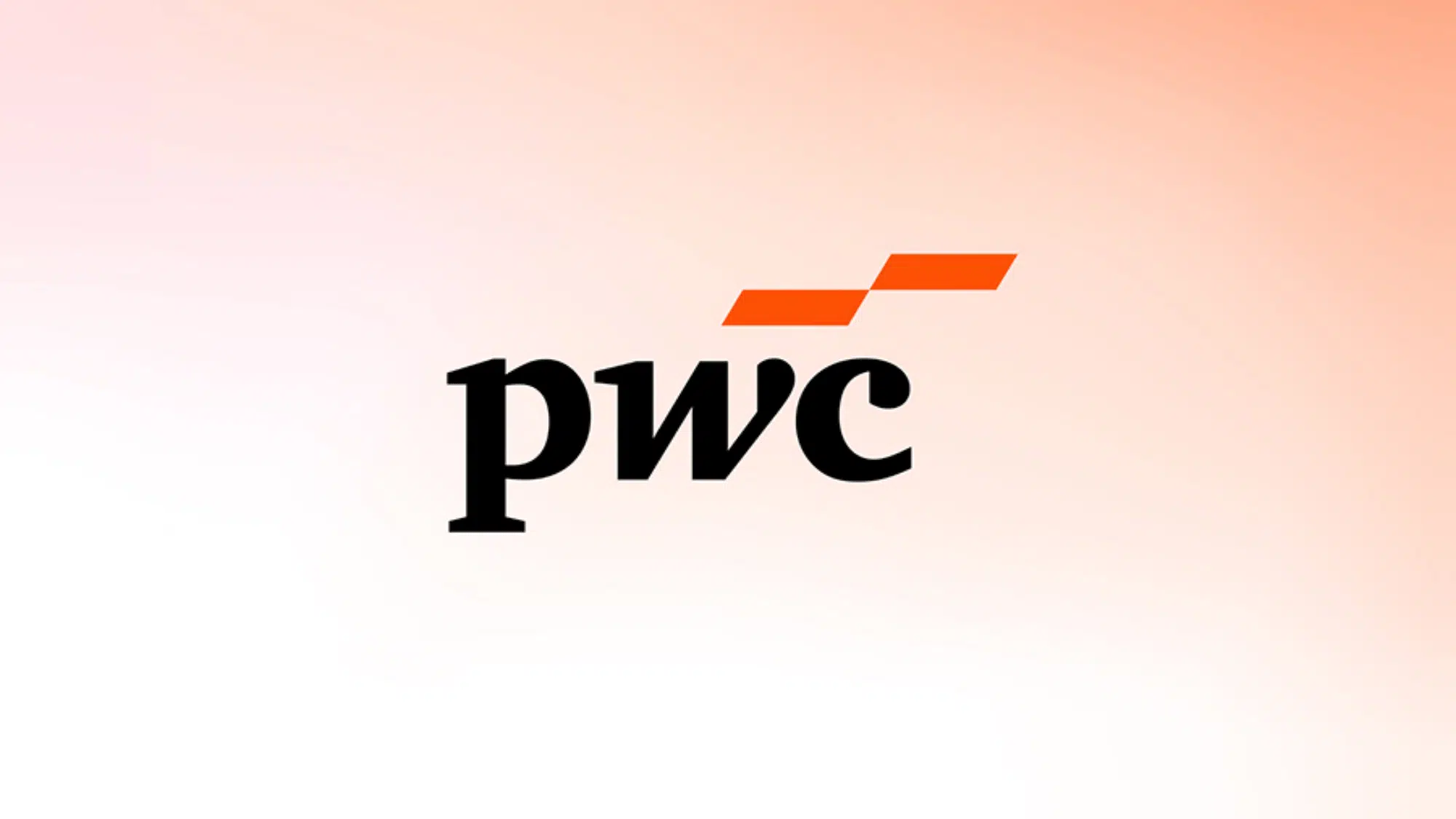 image shows the pwc logo in black lowercase letters with an abstract orange geometric design above