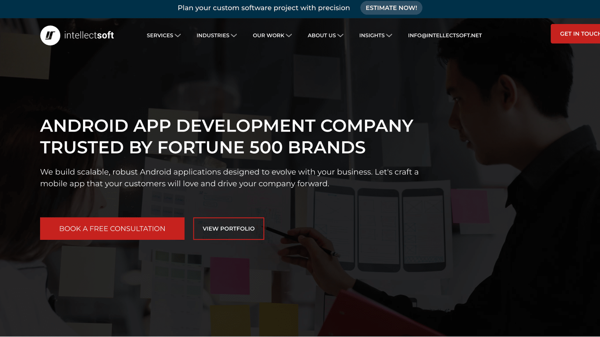 intellectsoft homepage showcasing custom app development in android app solutions