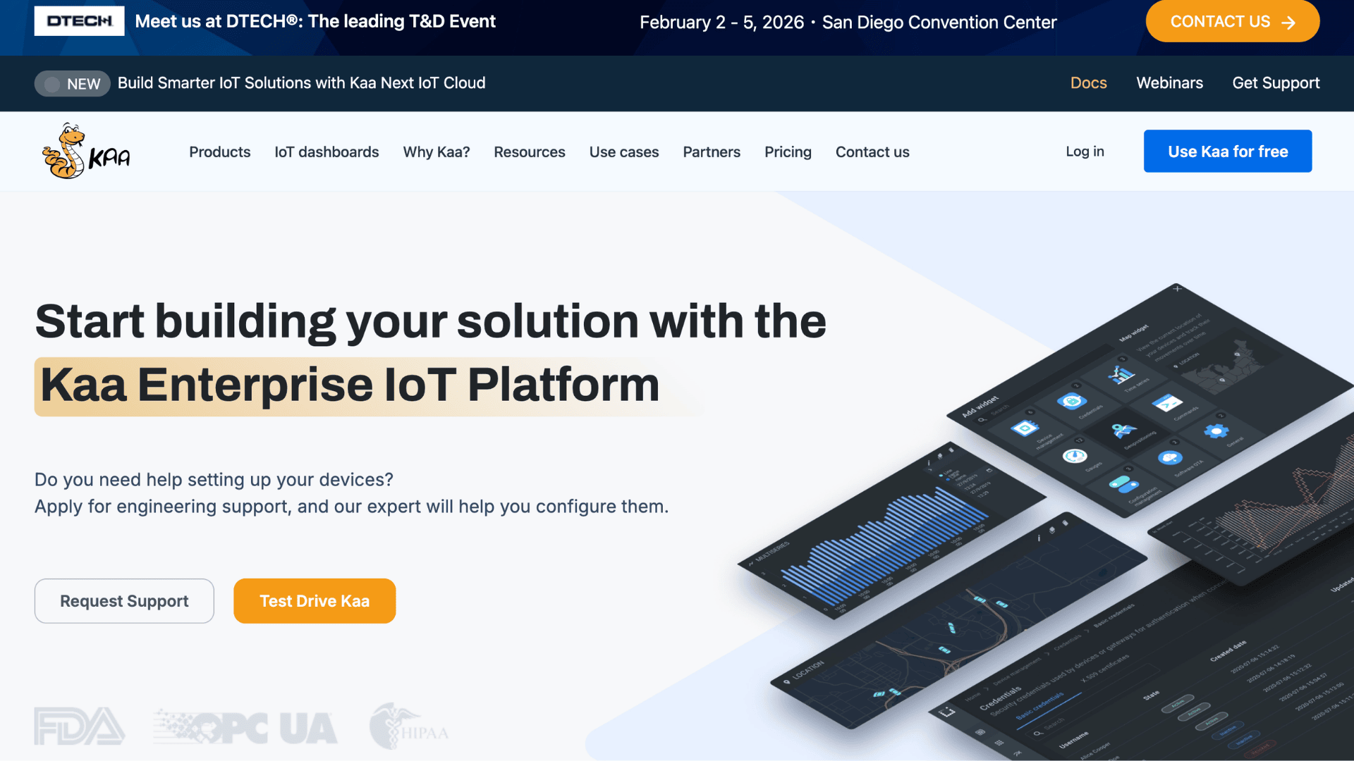 kaa enterprise iot platform homepage with dashboard analytics preview