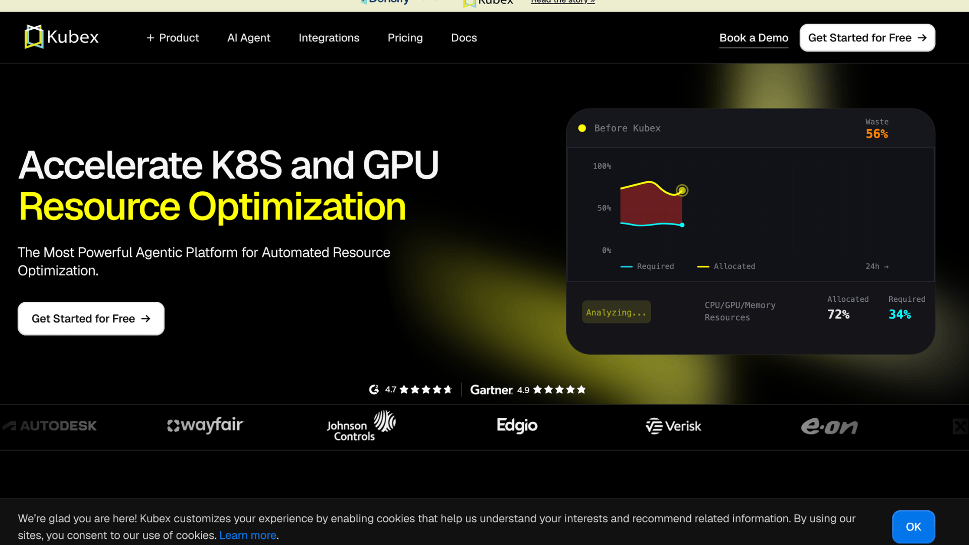 kubex homepage promoting k8s and gpu resource optimization with get started for free button