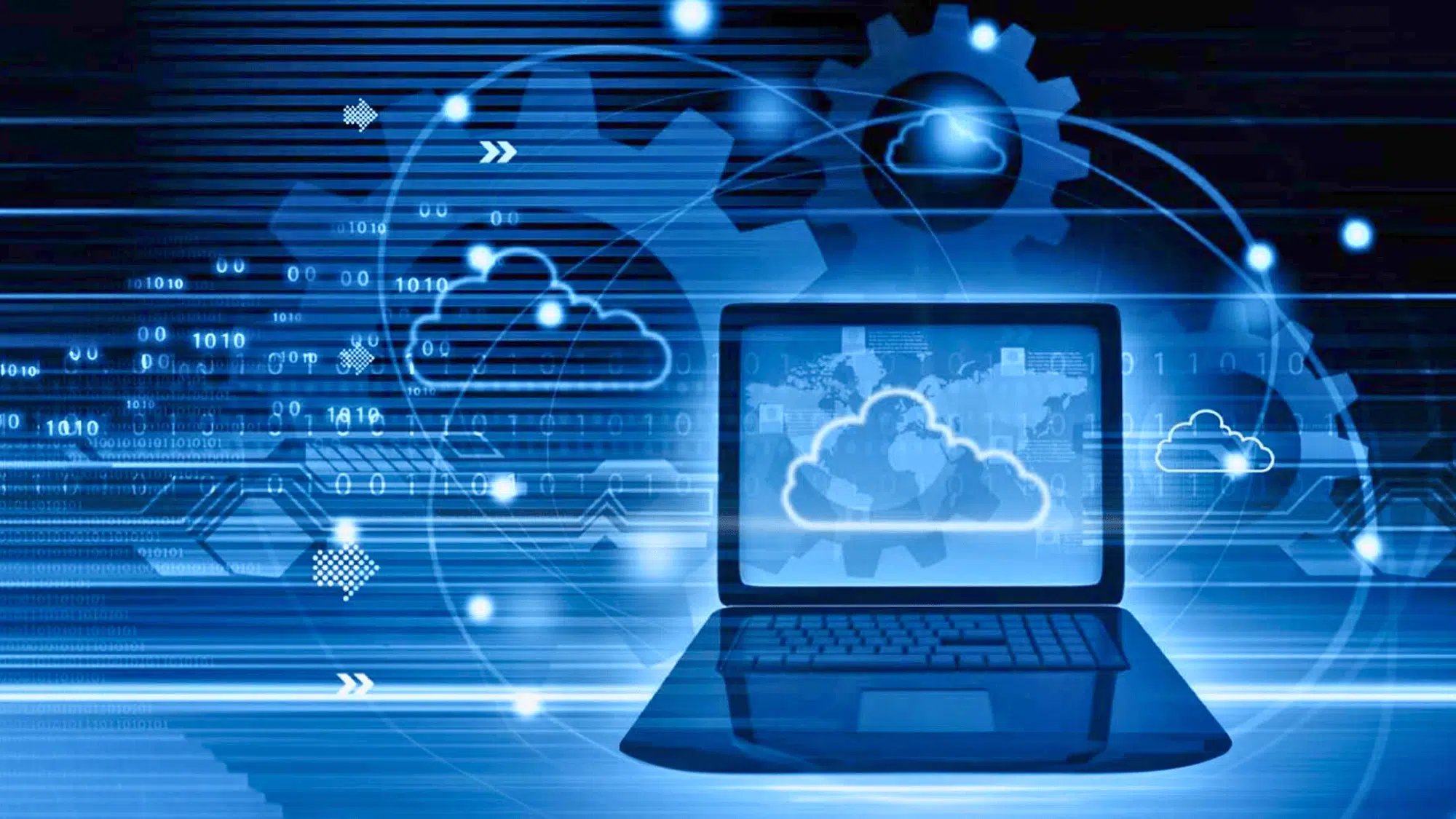 laptop displaying cloud infrastructure with gears and digital data flow representing benefits of serverless computing