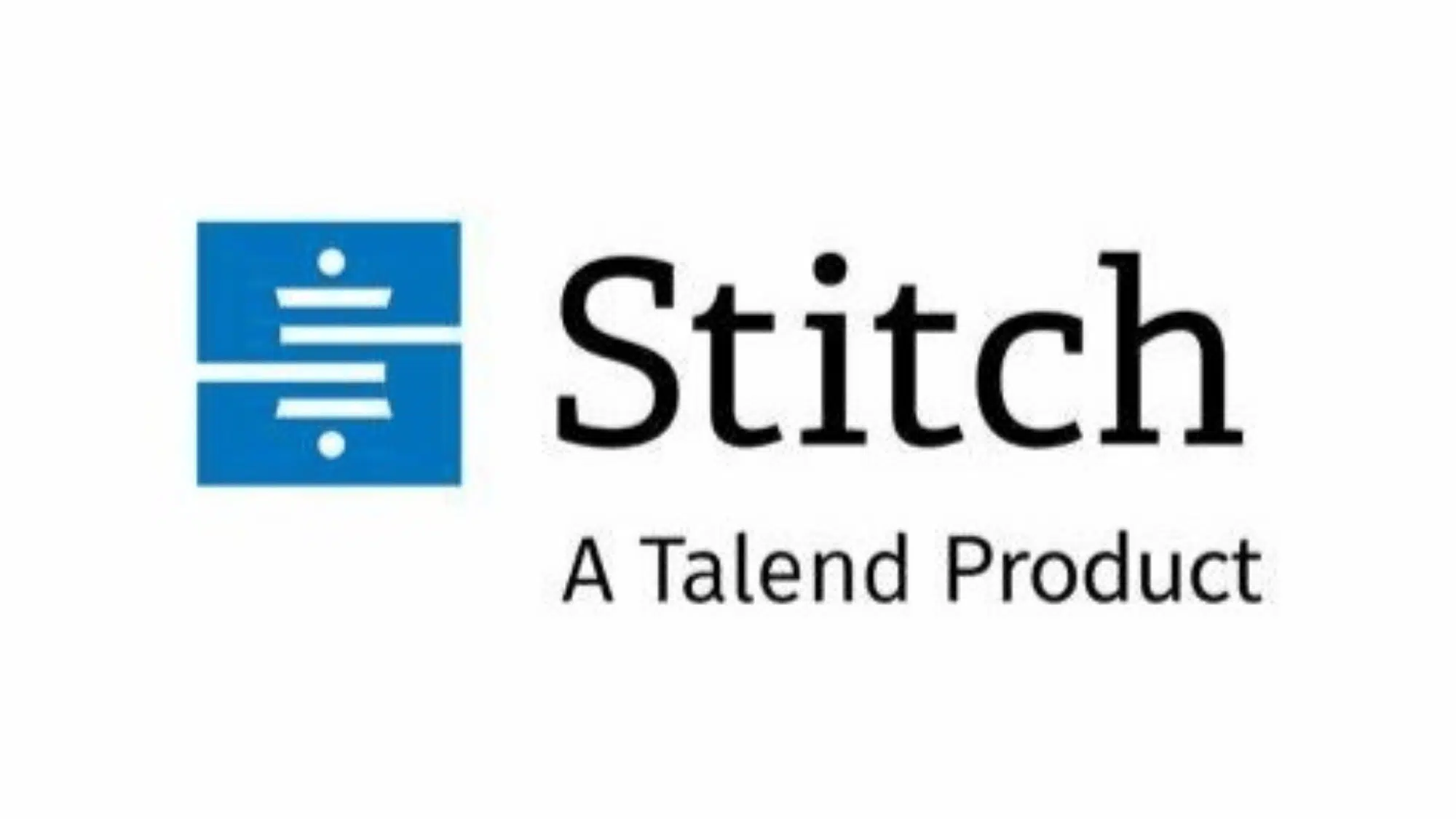logo featuring the word stitch in bold black letters next to a blue square with white lines and dots