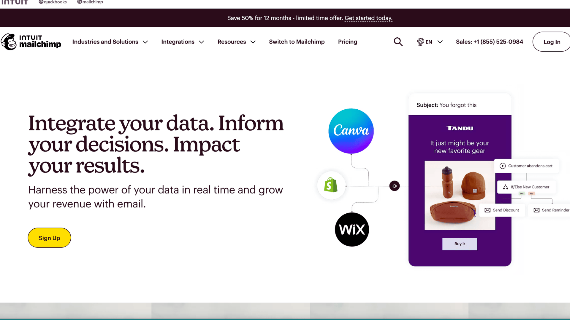 mailchimp homepage promoting data driven email marketing with integrations and signup button