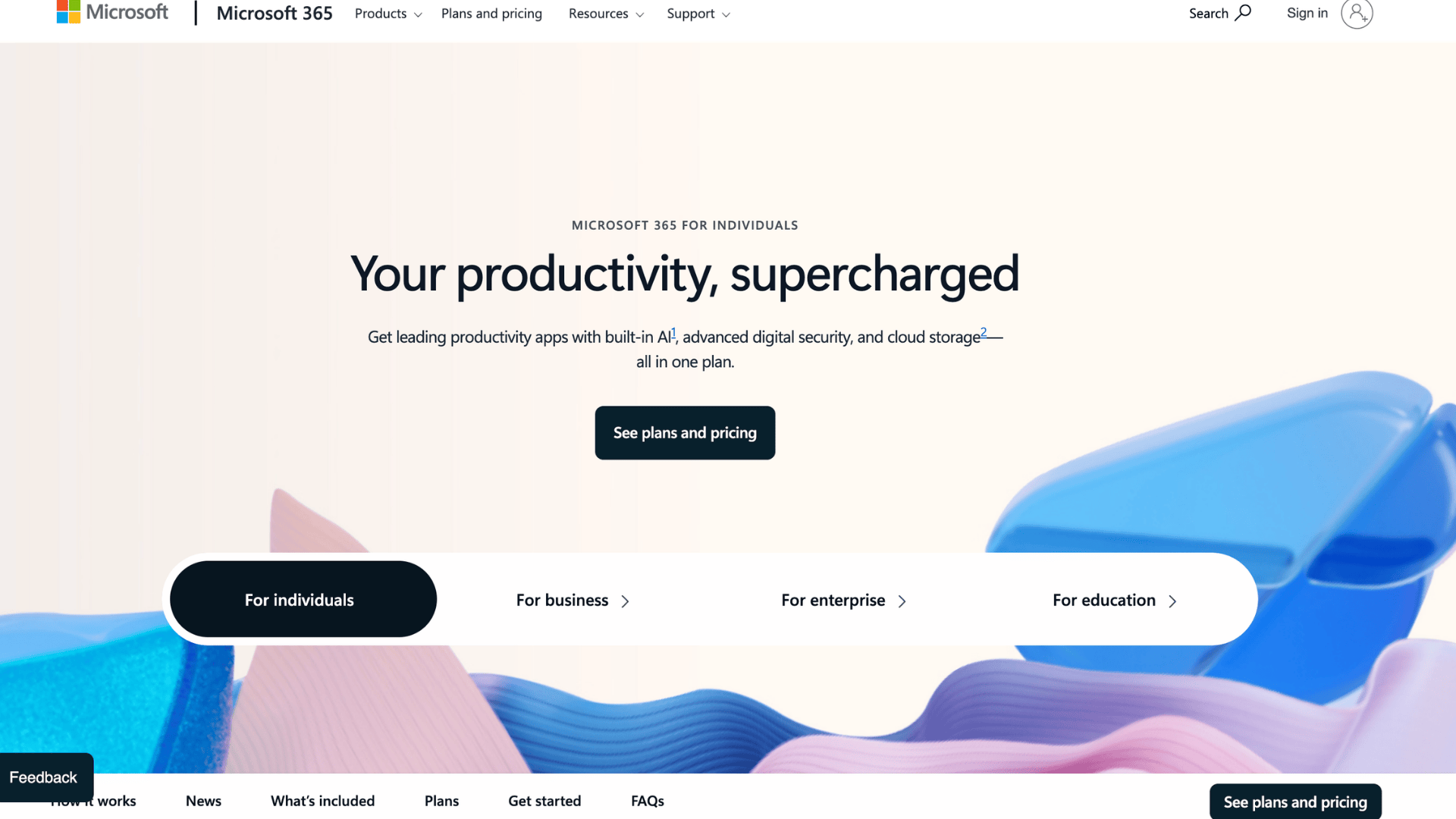 microsoft 365 homepage showing productivity plans and pricing options