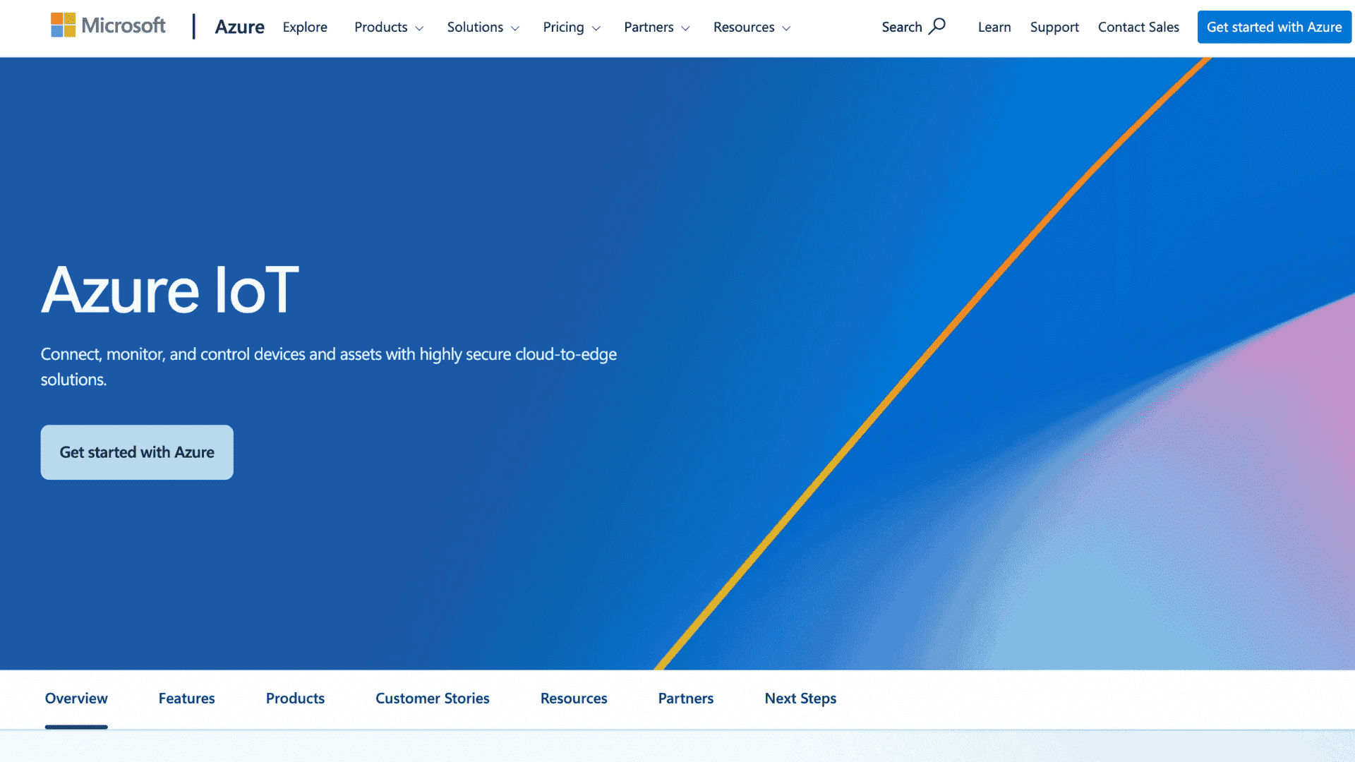 microsoft azure iot homepage with blue banner and get started button