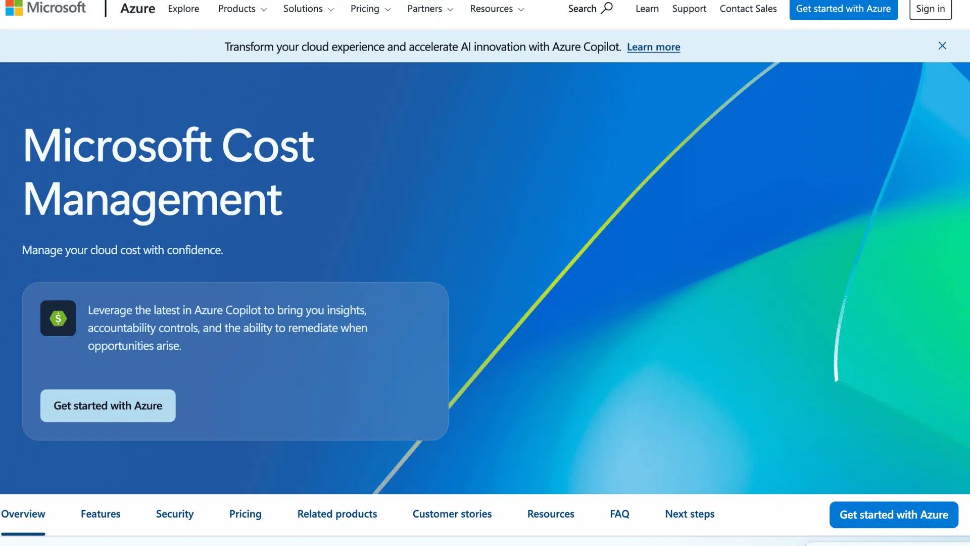 microsoft cost management page with azure navigation and get started with azure button