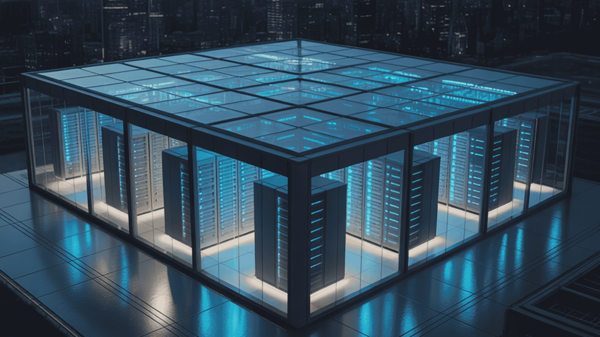 modern glass data center glows with blue lights atop a skyscraper roof