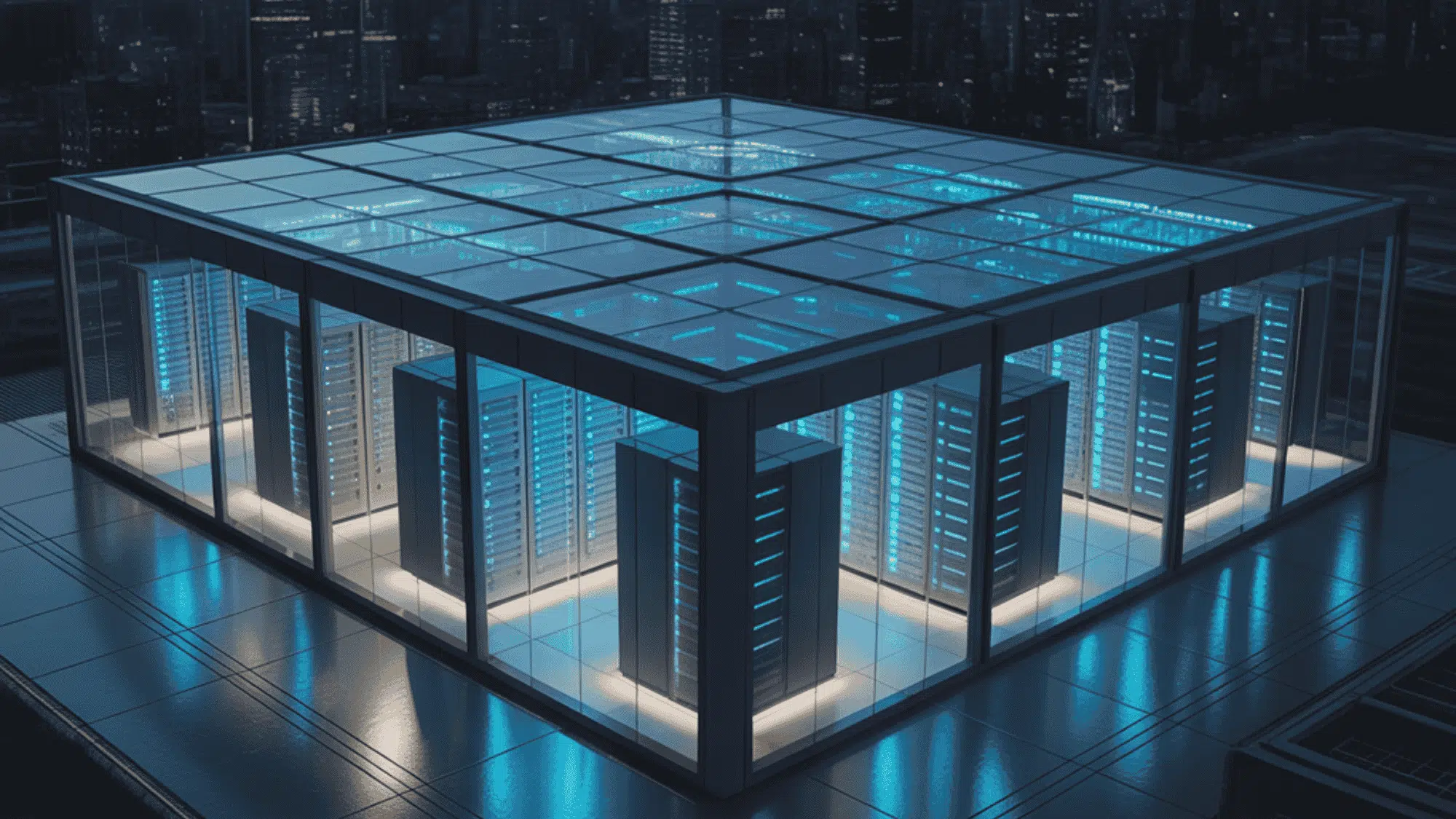 modern glass data center glows with blue lights atop a skyscraper roof
