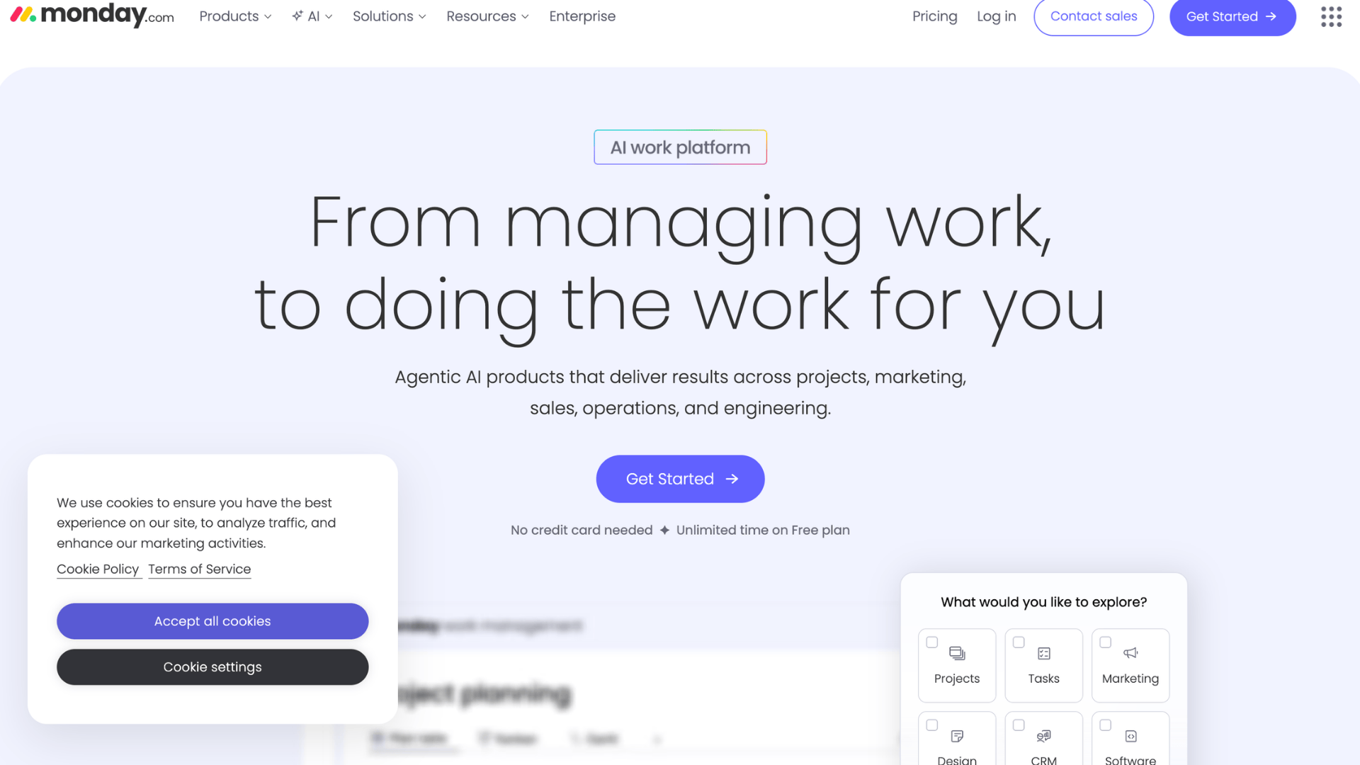 monday.com homepage showing ai work platform and get started button