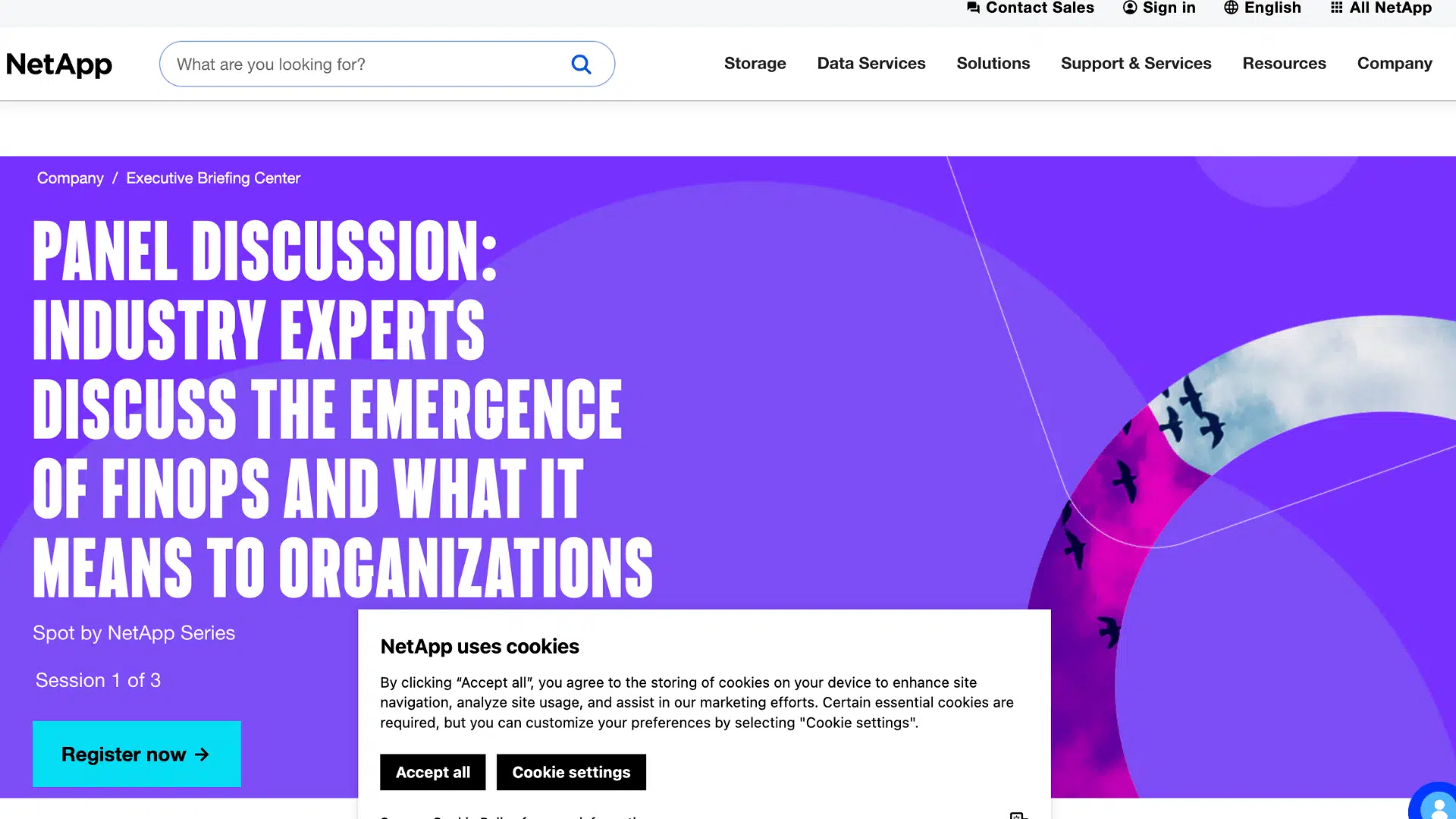 netapp panel discussion page about finops with register now button and cookie notice