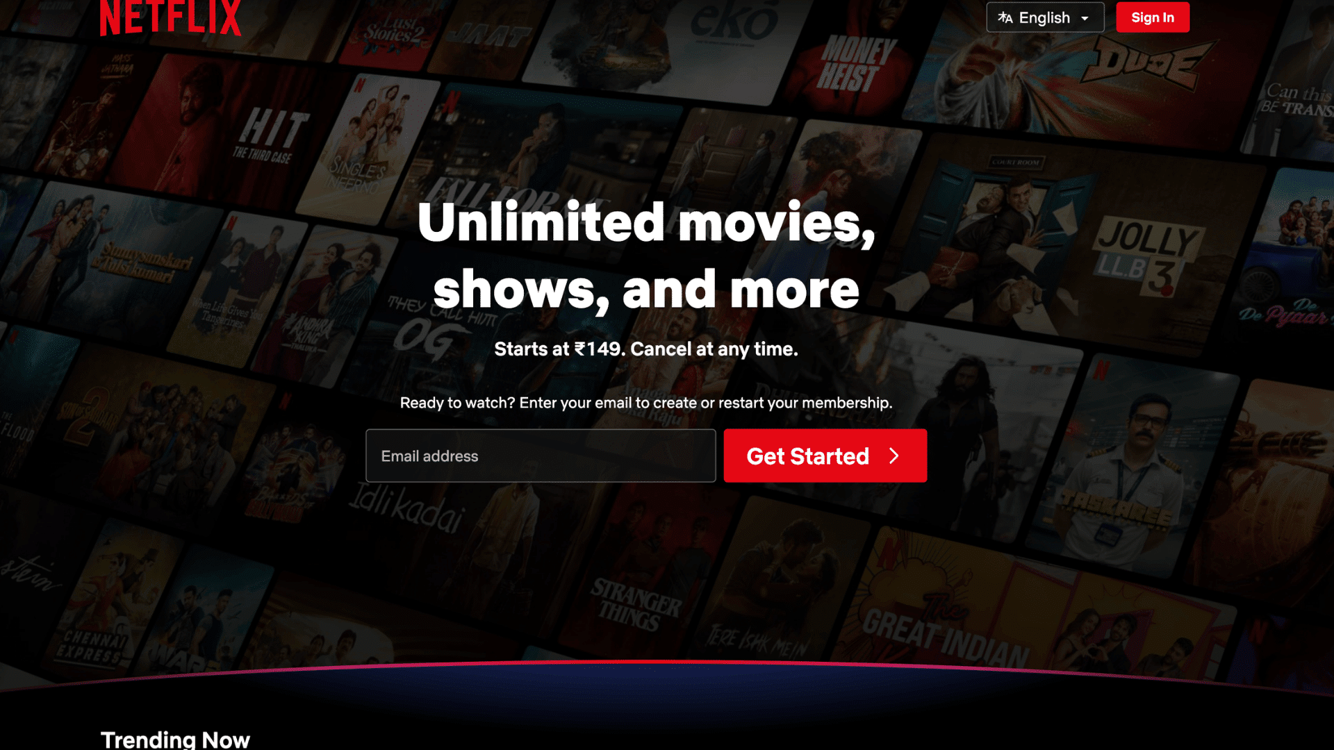 netflix homepage showing unlimited movies and shows with get started button